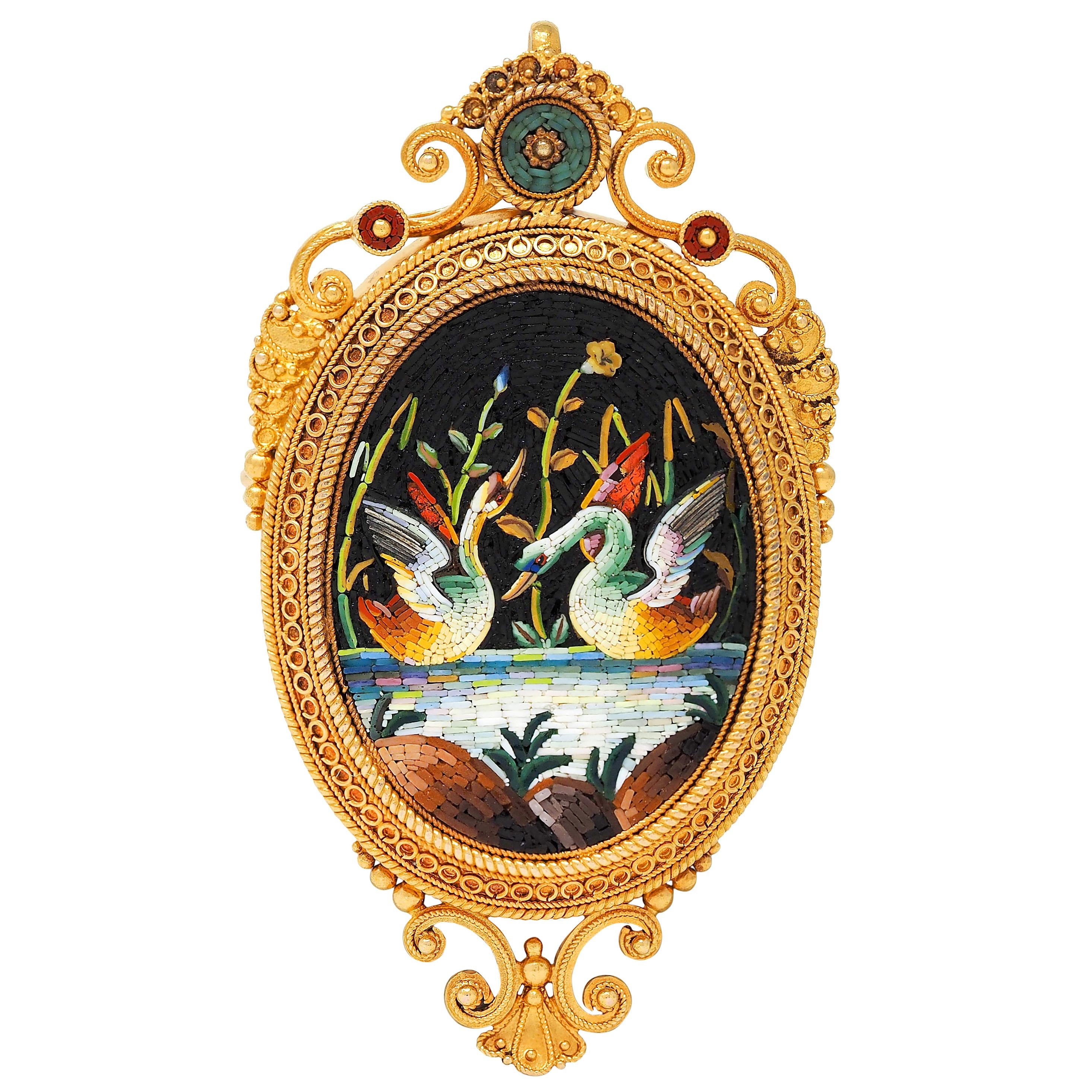 Victorian Etruscan Revival Micro-Mosaic 18K Gold Antique Swan Pendant Brooch