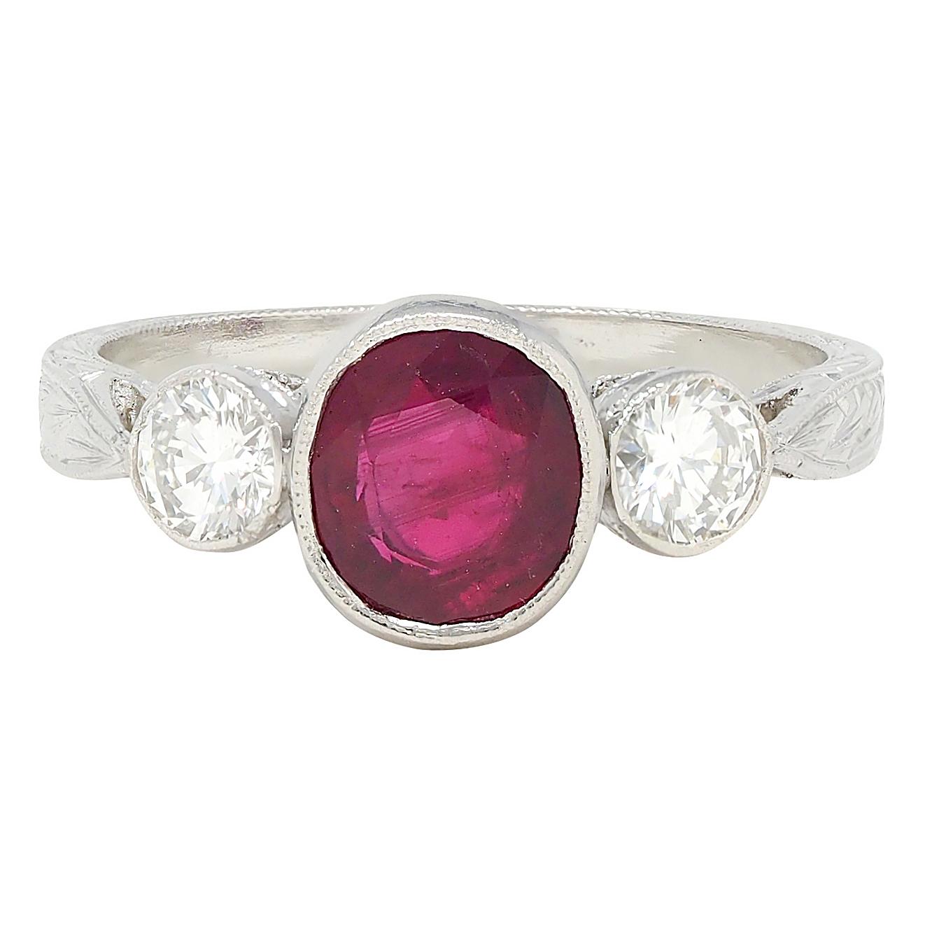 Contemporary 1.53 CTW Ruby Diamond Platinum Vintage Three Stone Ring