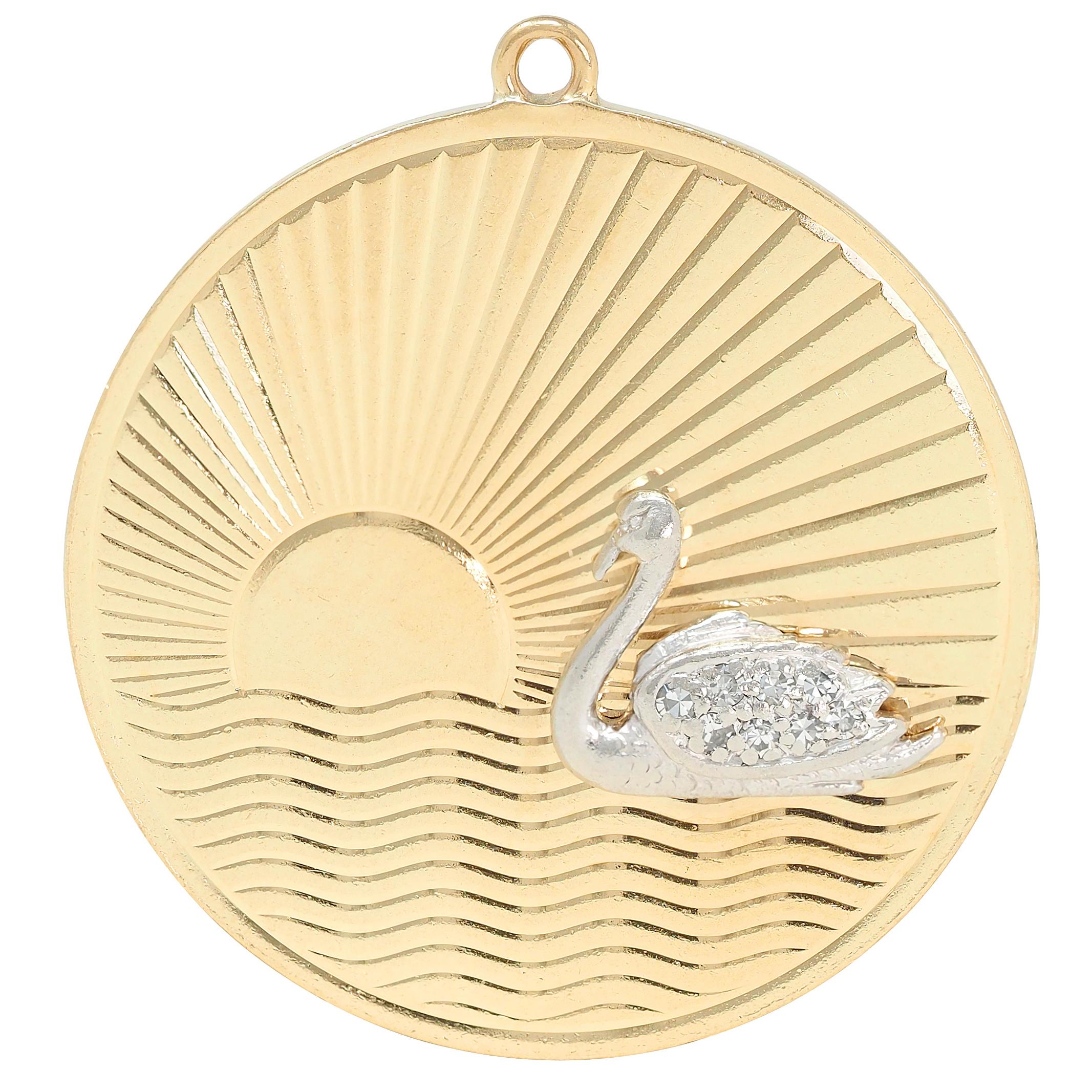 1950's Diamond Platinum 14 Karat Yellow Gold Vintage Swan Pendant Charm