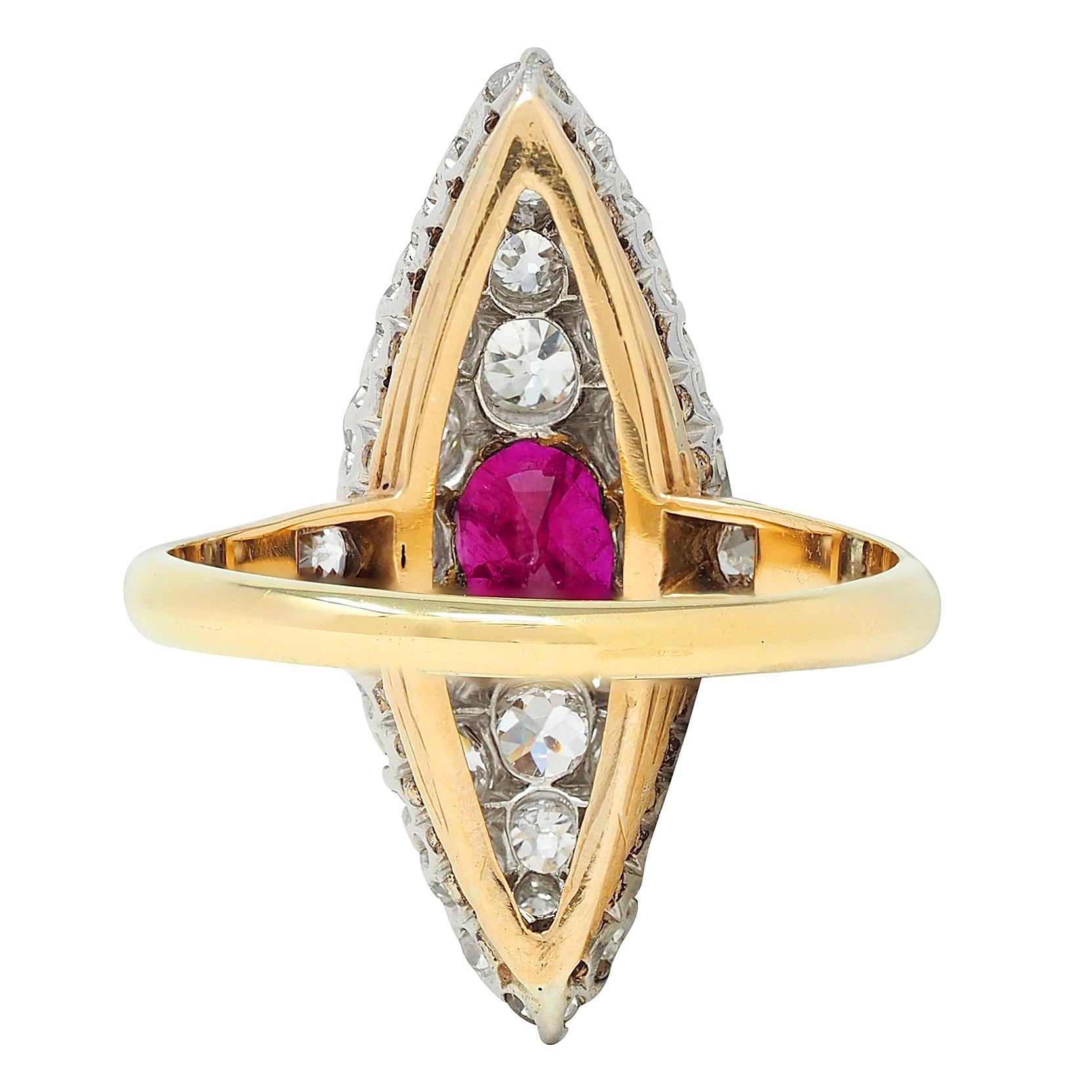Edwardian Burma Ruby Diamond 18K Yellow Gold Antique Cluster Navette Ring