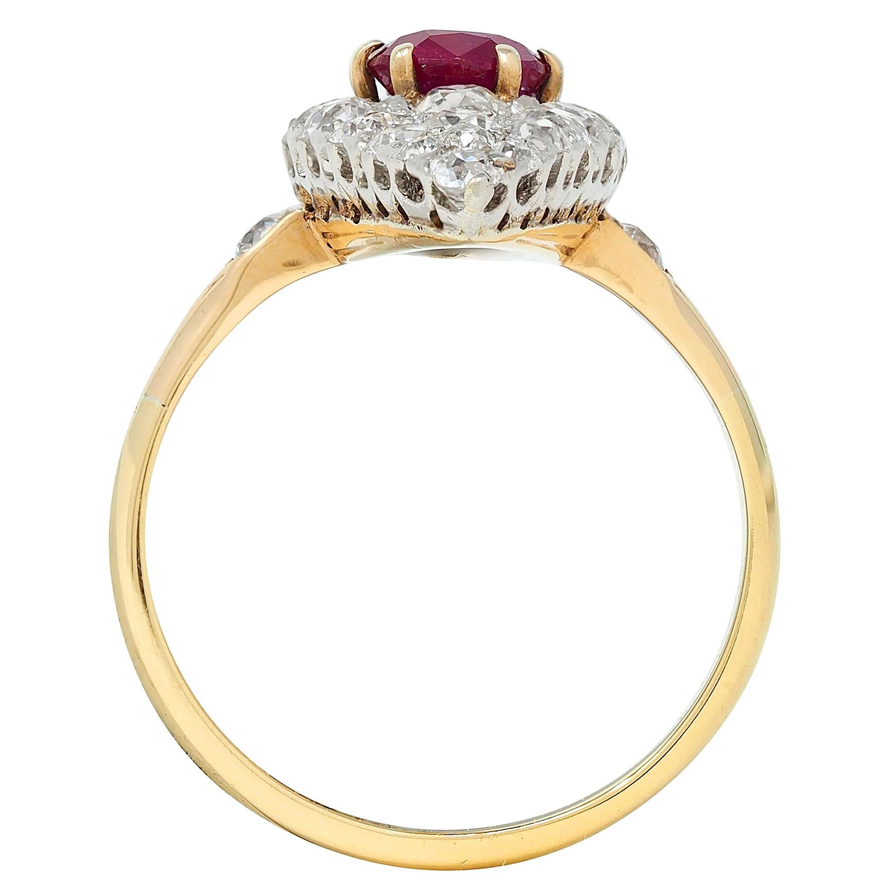 Edwardian Burma Ruby Diamond 18K Yellow Gold Antique Cluster Navette Ring