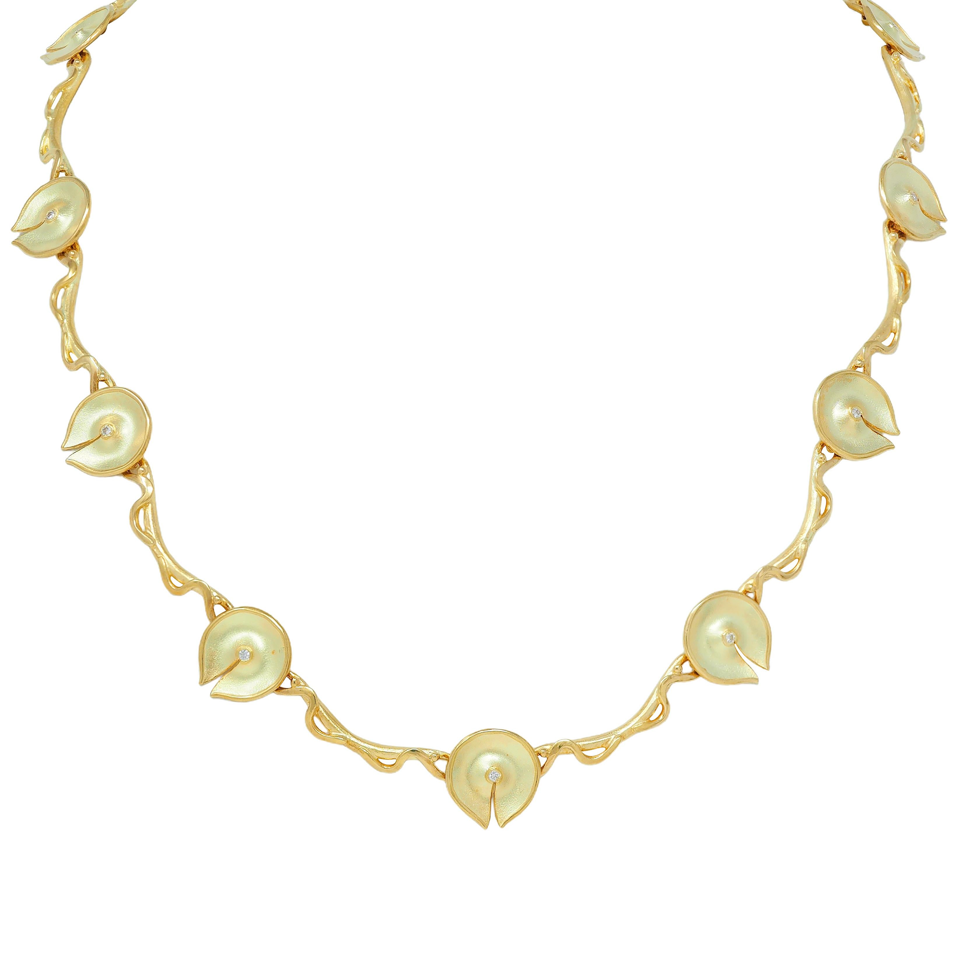 Modernist Diamond 18 Karat Yellow Gold Vintage Lily Pad Chain Necklace