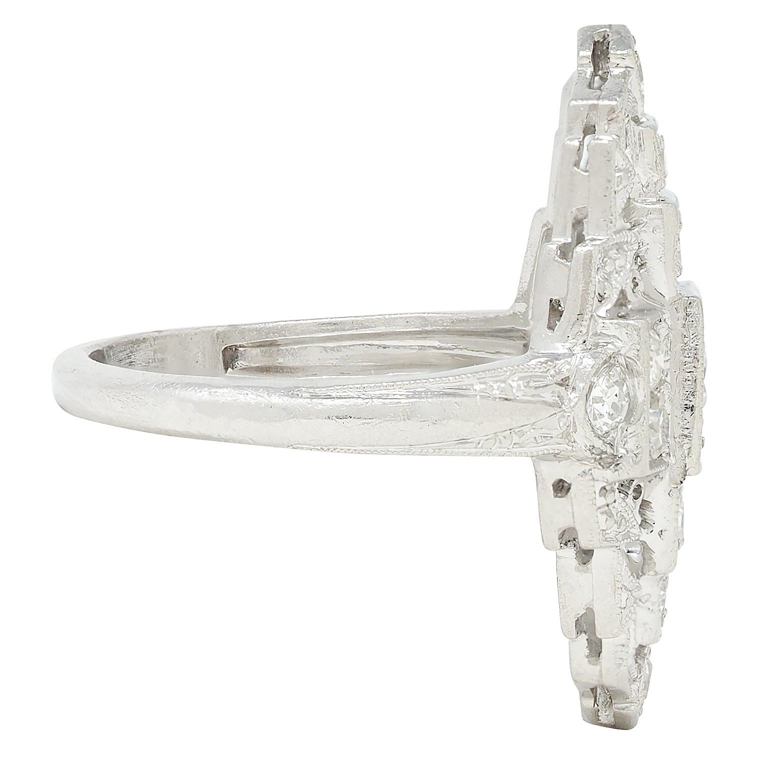 Art Deco 0.70 CTW Diamond Platinum Vintage Stepped Navette Dinner Ring