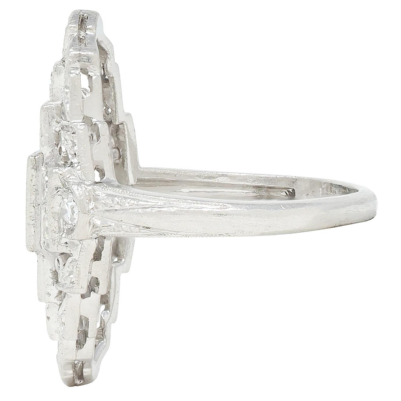 Art Deco 0.70 CTW Diamond Platinum Vintage Stepped Navette Dinner Ring