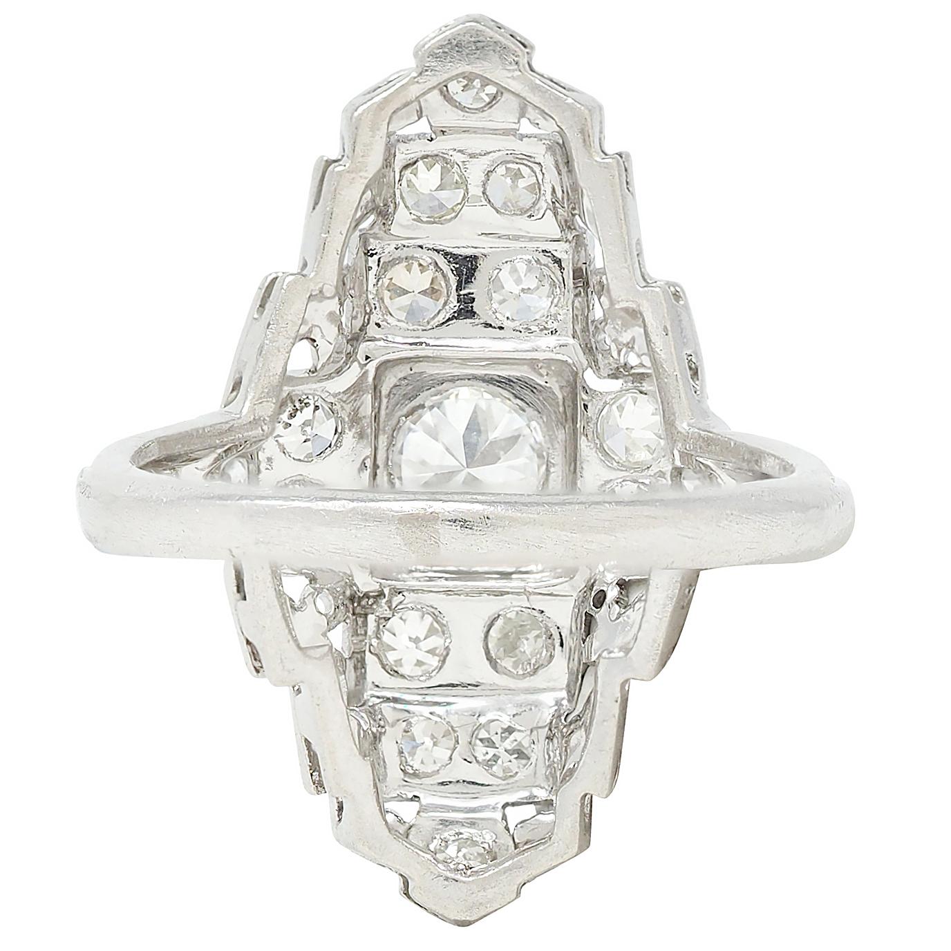 Art Deco 0.70 CTW Diamond Platinum Vintage Stepped Navette Dinner Ring