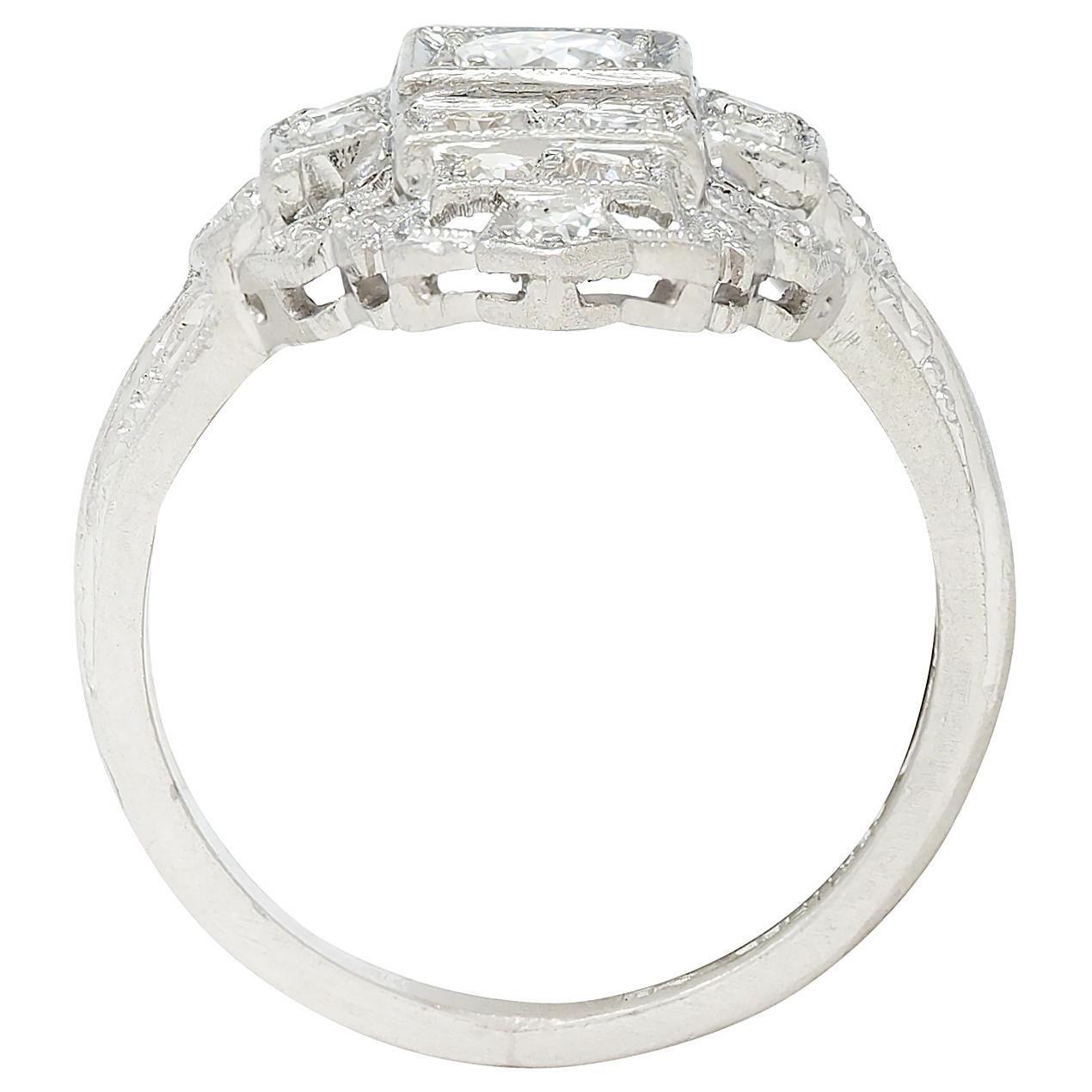 Art Deco 0.70 CTW Diamond Platinum Vintage Stepped Navette Dinner Ring