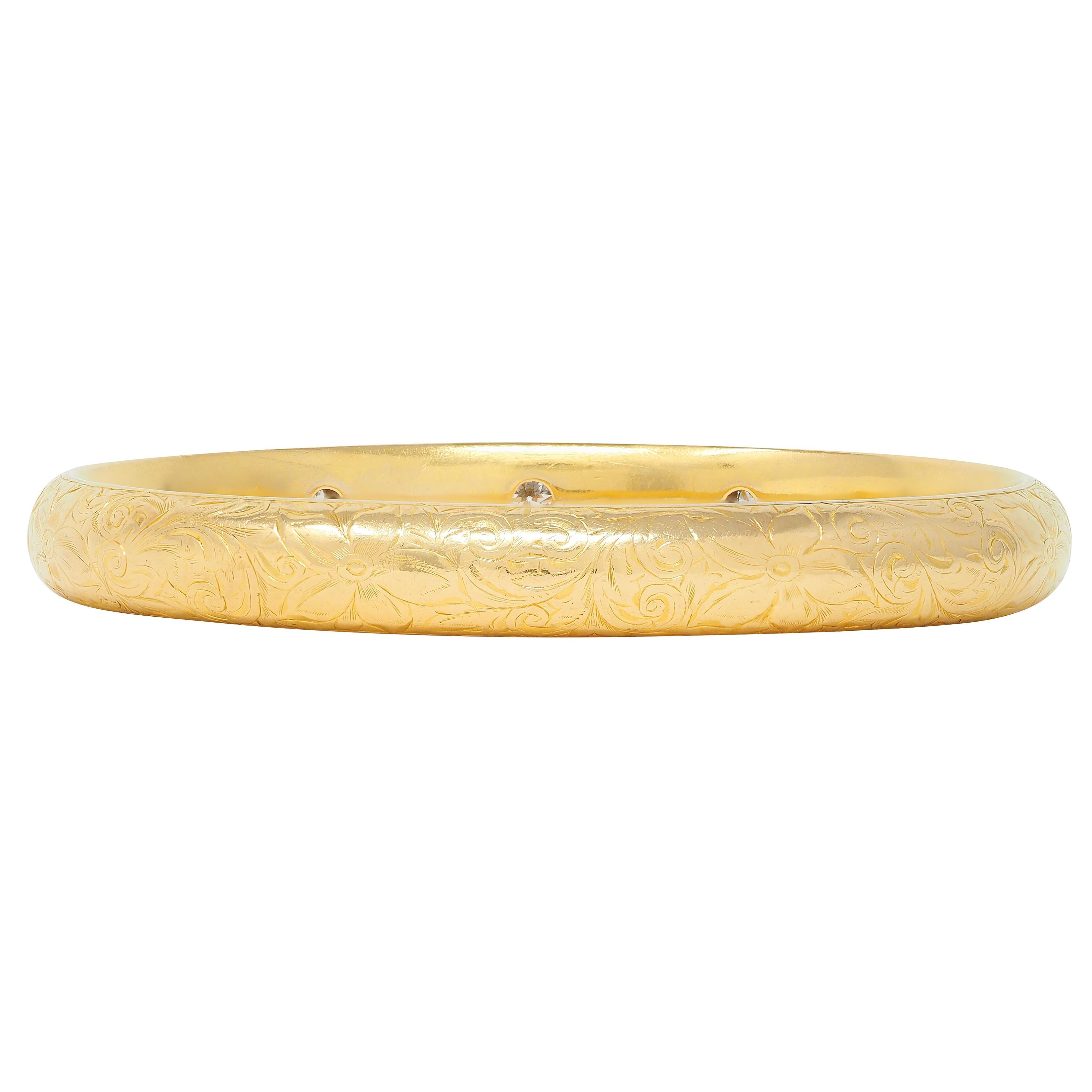 Riker Brothers Art Nouveau European Diamond 18K Antique Floral Bangle Bracelet