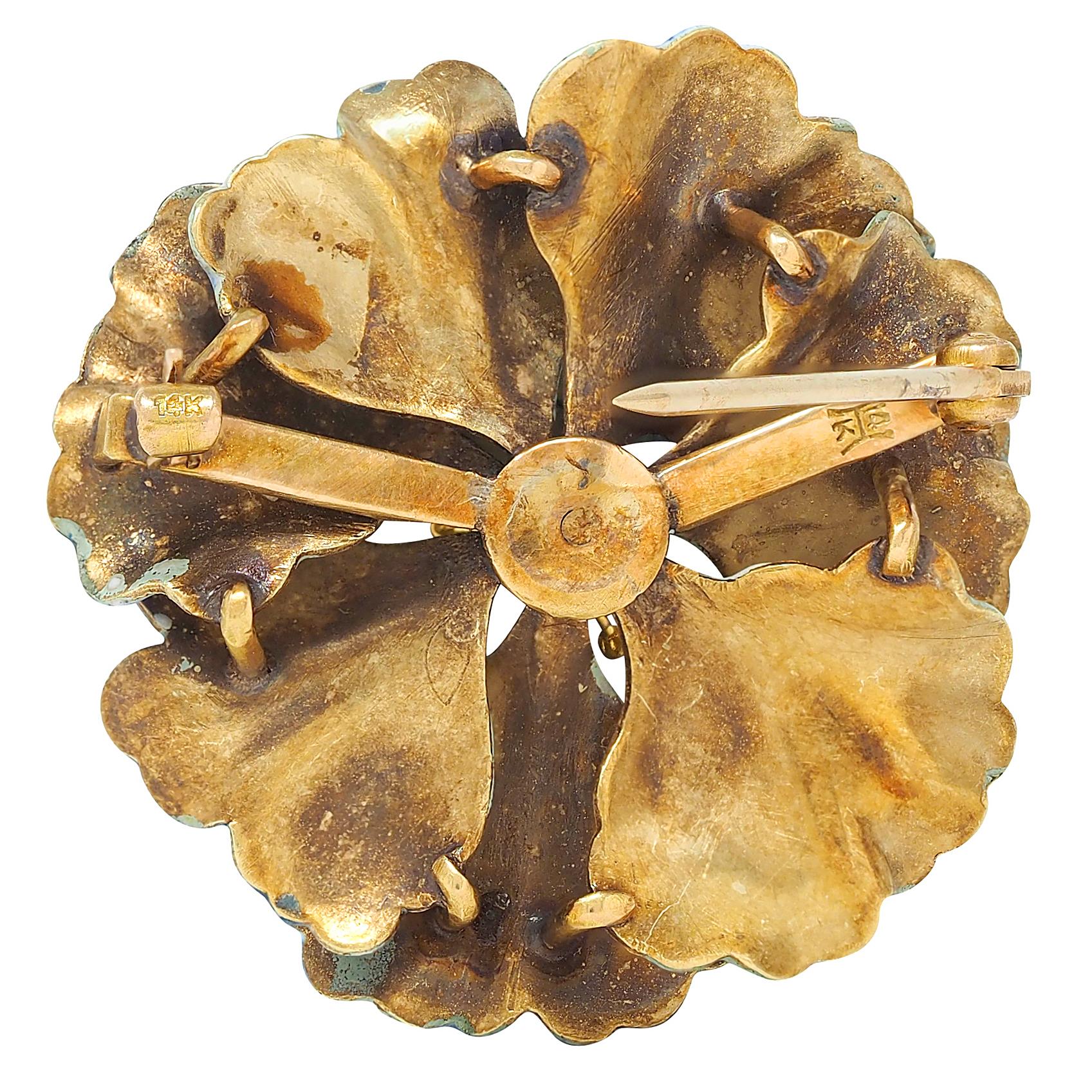 Hedges & Co. Art Nouveau Pearl Enamel 14 Karat Yellow Gold Antique Flower Brooch