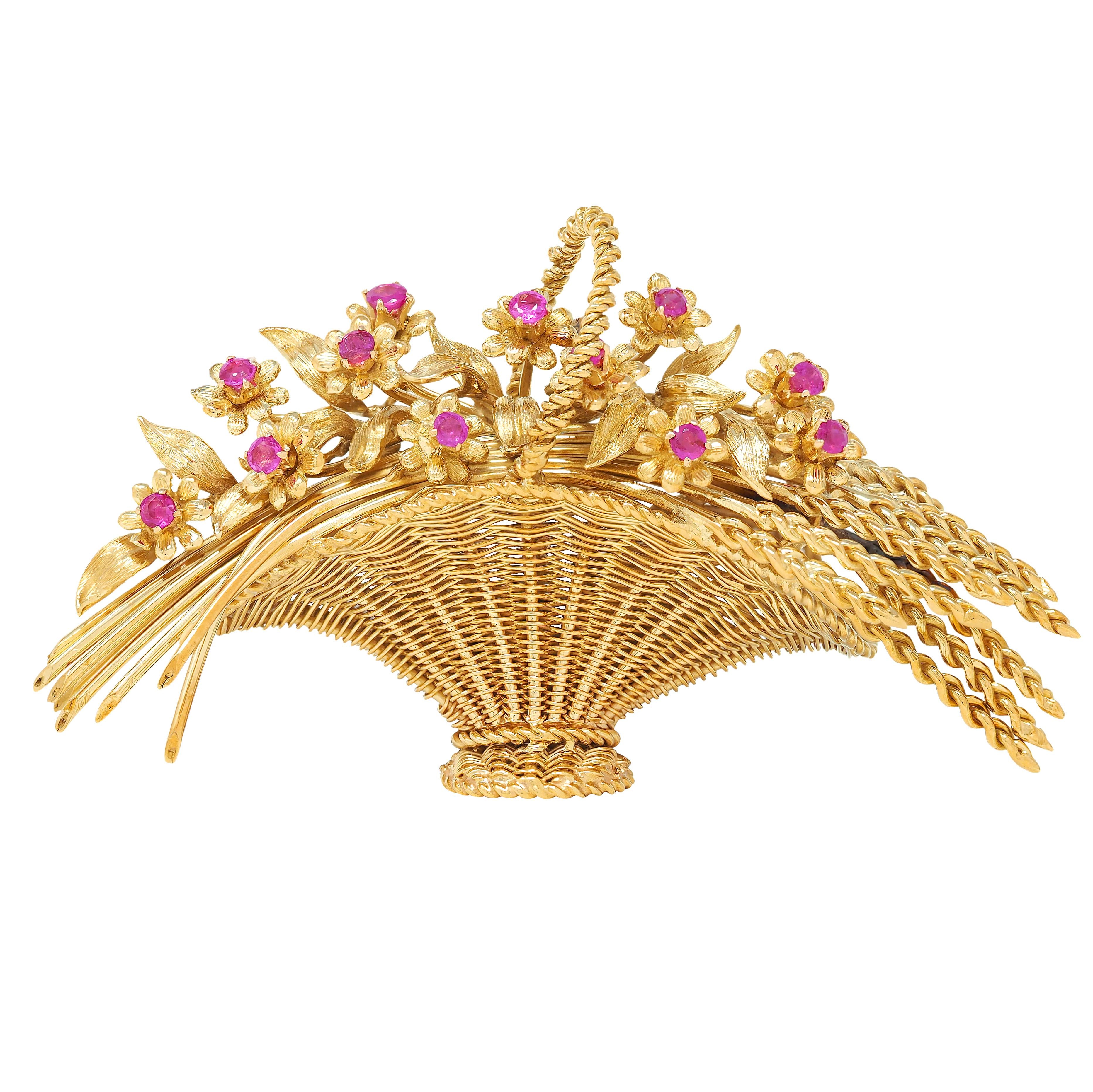Tiffany & Co. 1950's Ruby 18 Karat Yellow Gold Vintage Giardinetto Flower Brooch