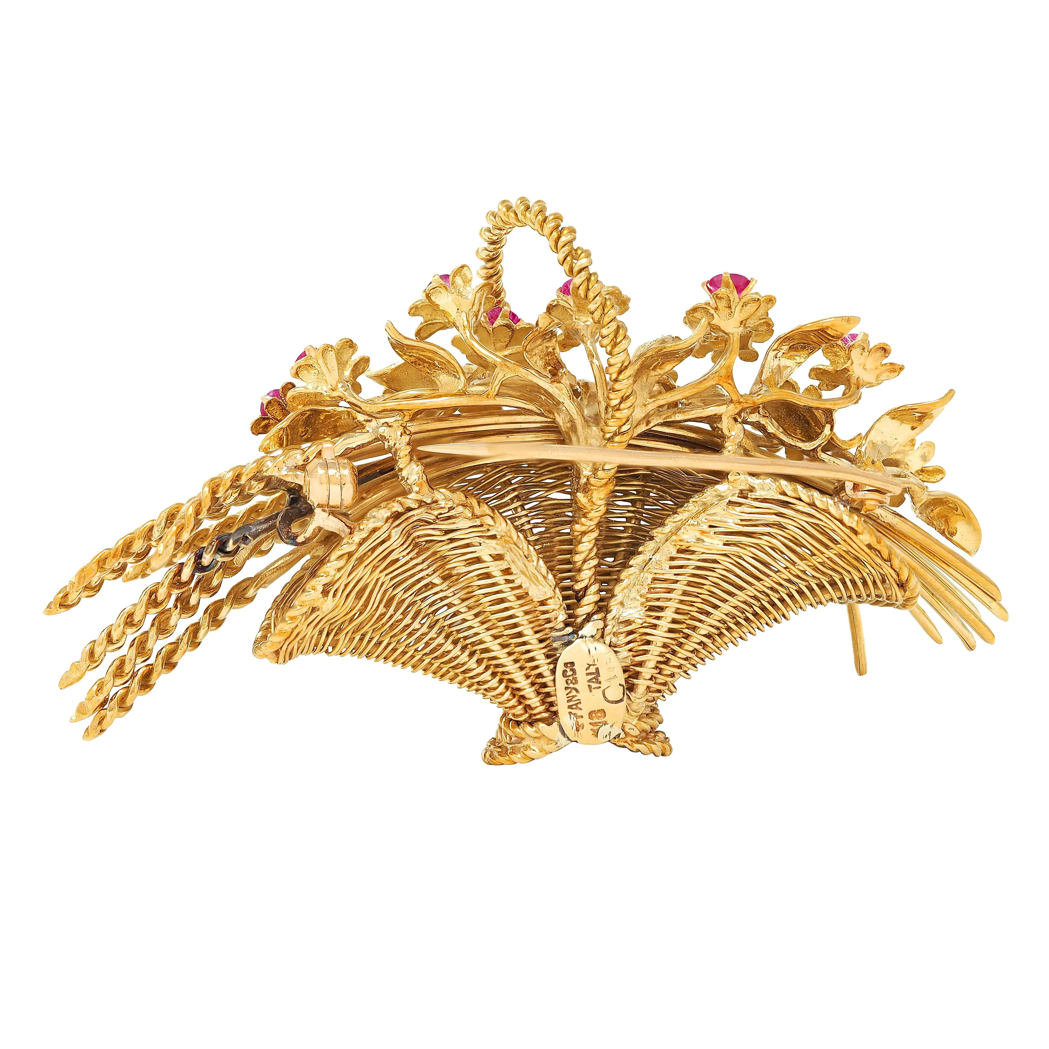 Tiffany & Co. 1950's Ruby 18 Karat Yellow Gold Vintage Giardinetto Flower Brooch