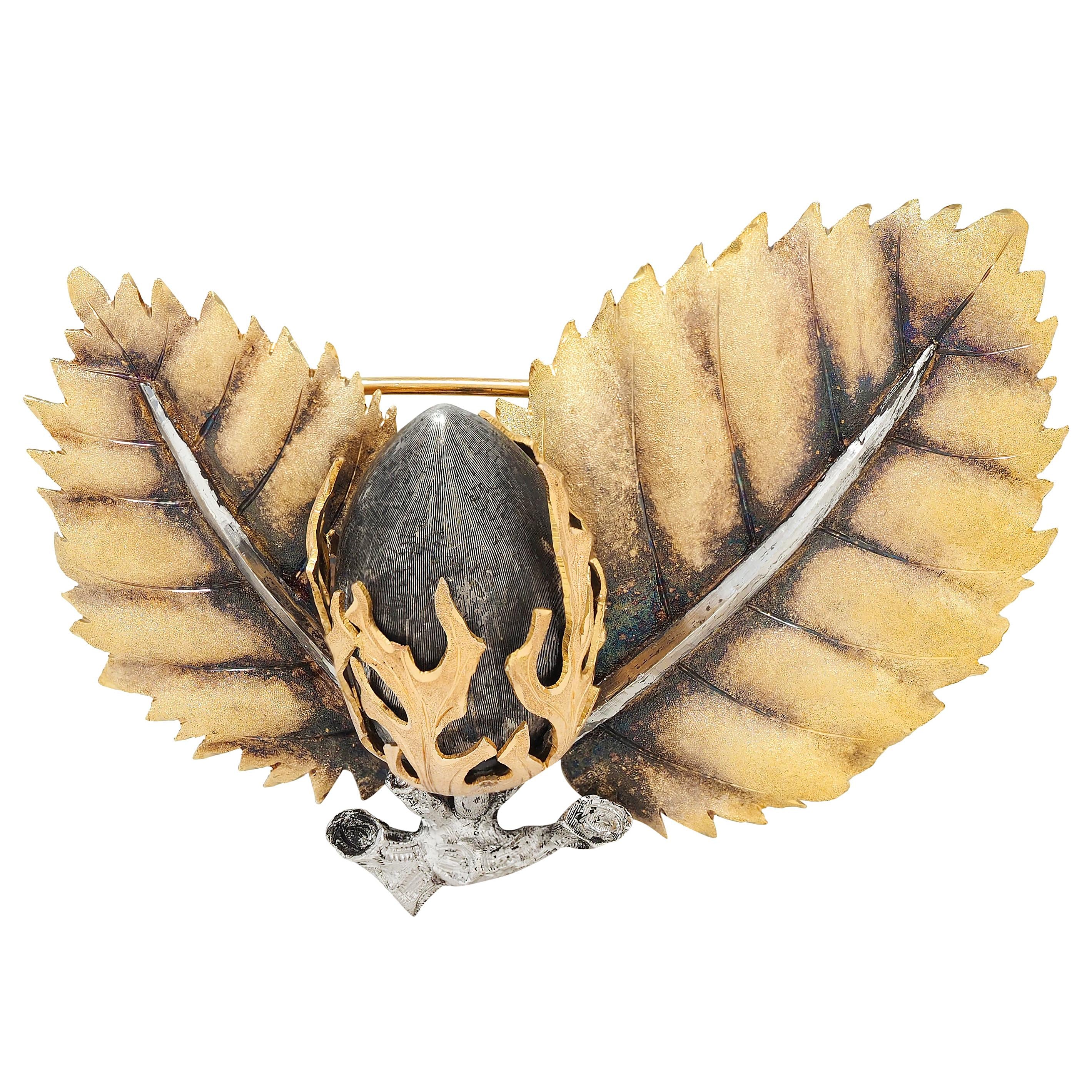 Buccellati 1960's 18 Karat Yellow Gold Sterling Silver Vintage Acorn Brooch