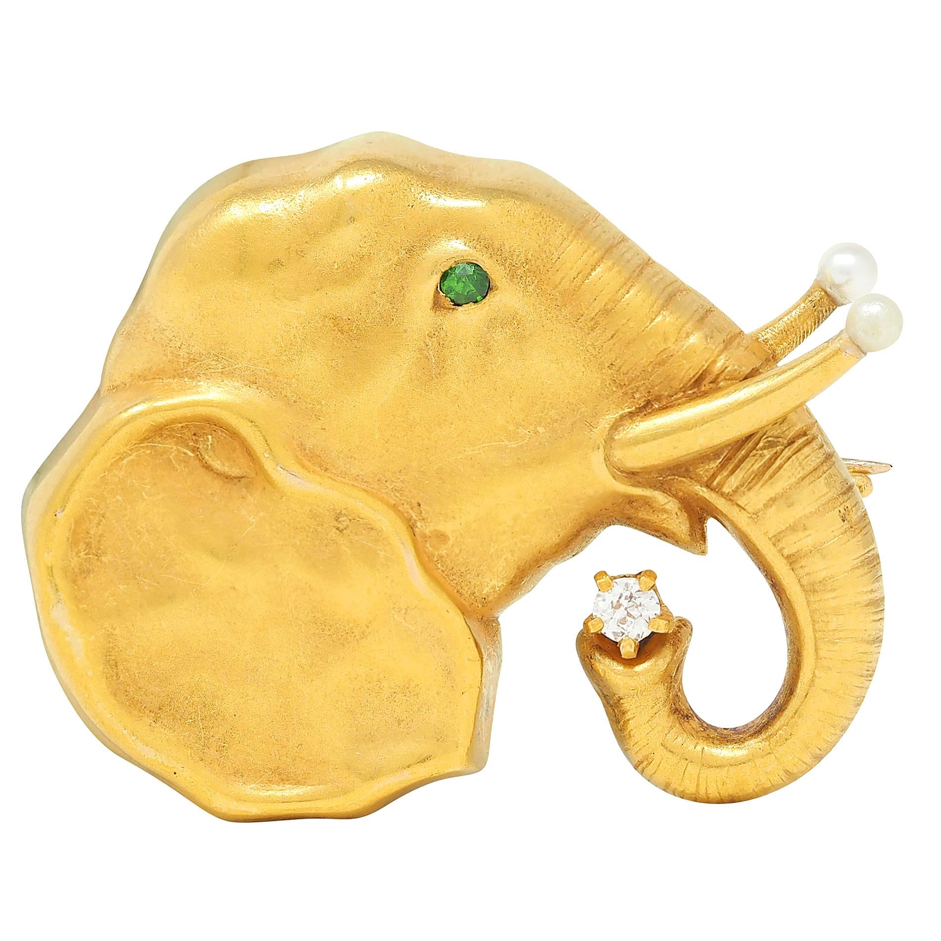 Riker Brothers Art Nouveau Multi-Gem 14K Gold Antique Elephant Brooch