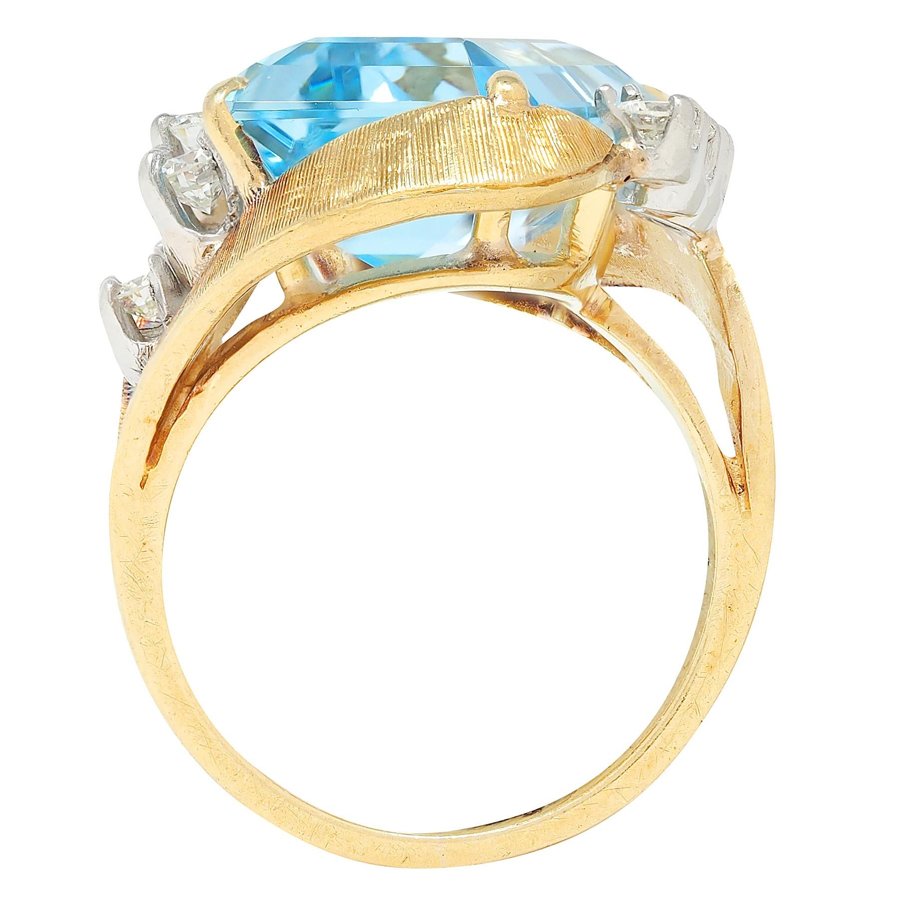 Mid-Century 7.40 CTW Aquamarine Diamond 18K Two-Tone Gold Vintage Cocktail Ring