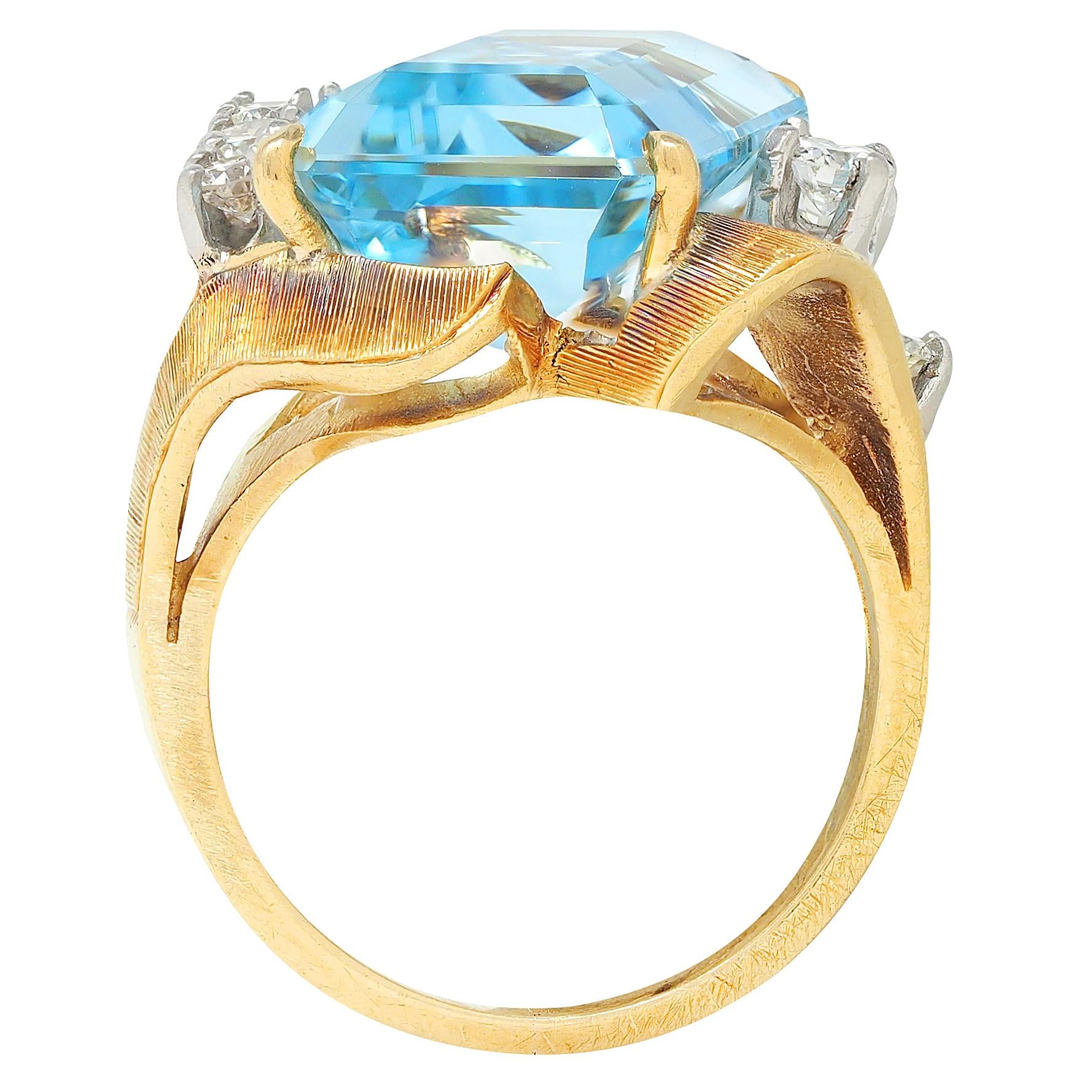 Mid-Century 7.40 CTW Aquamarine Diamond 18K Two-Tone Gold Vintage Cocktail Ring