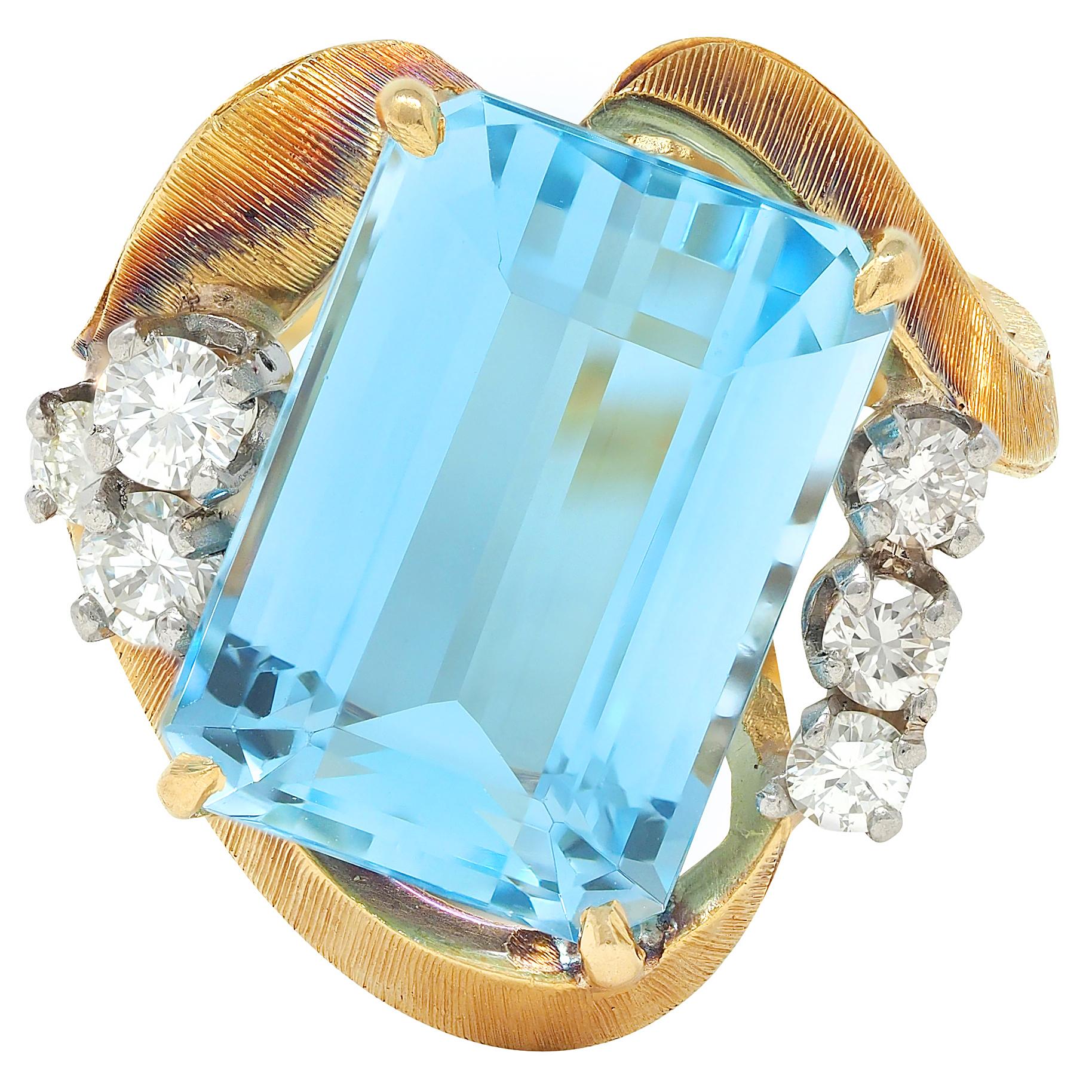 Mid-Century 7.40 CTW Aquamarine Diamond 18K Two-Tone Gold Vintage Cocktail Ring