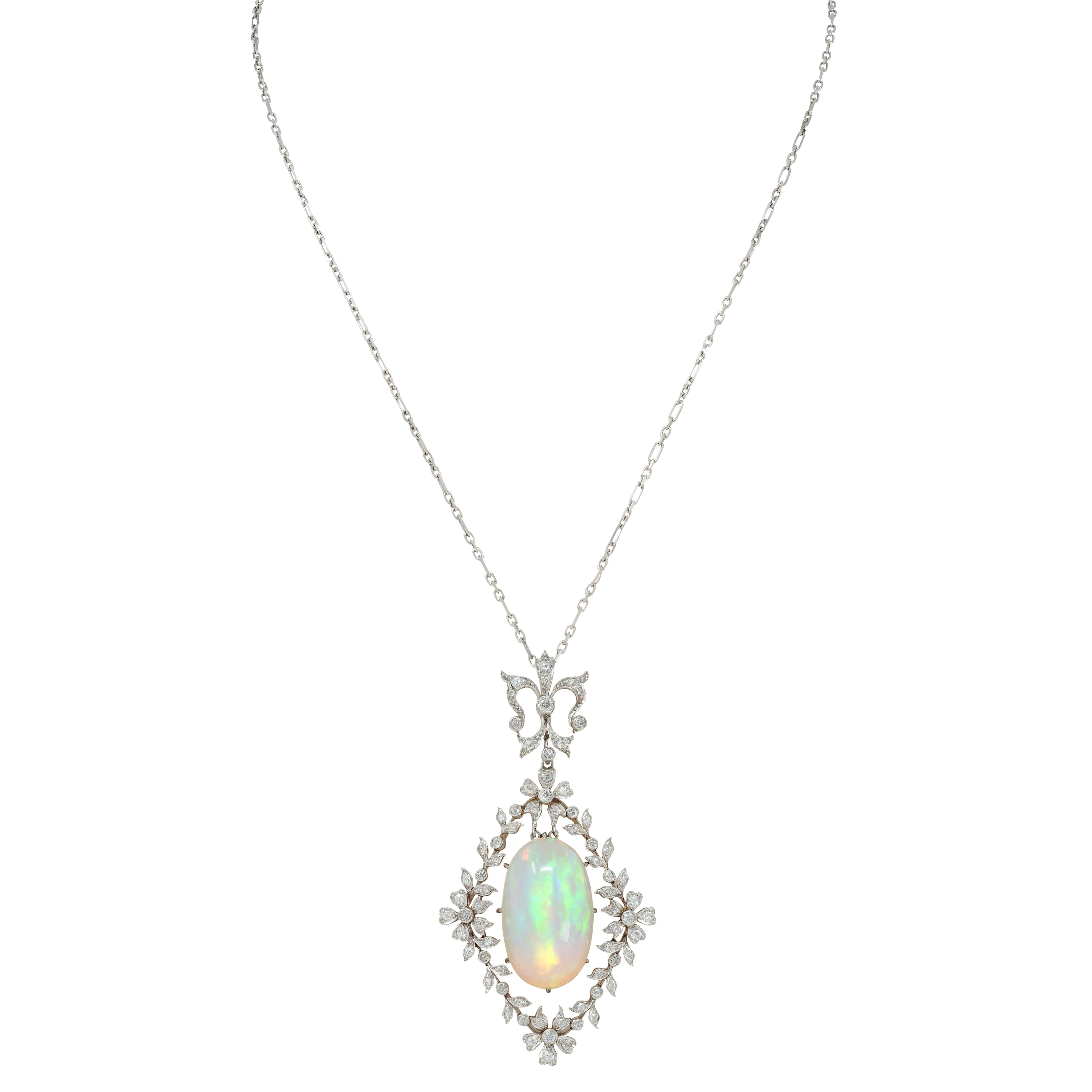 Edwardian Opal Diamond Platinum 18K Gold Garland Antique Pendant Necklace