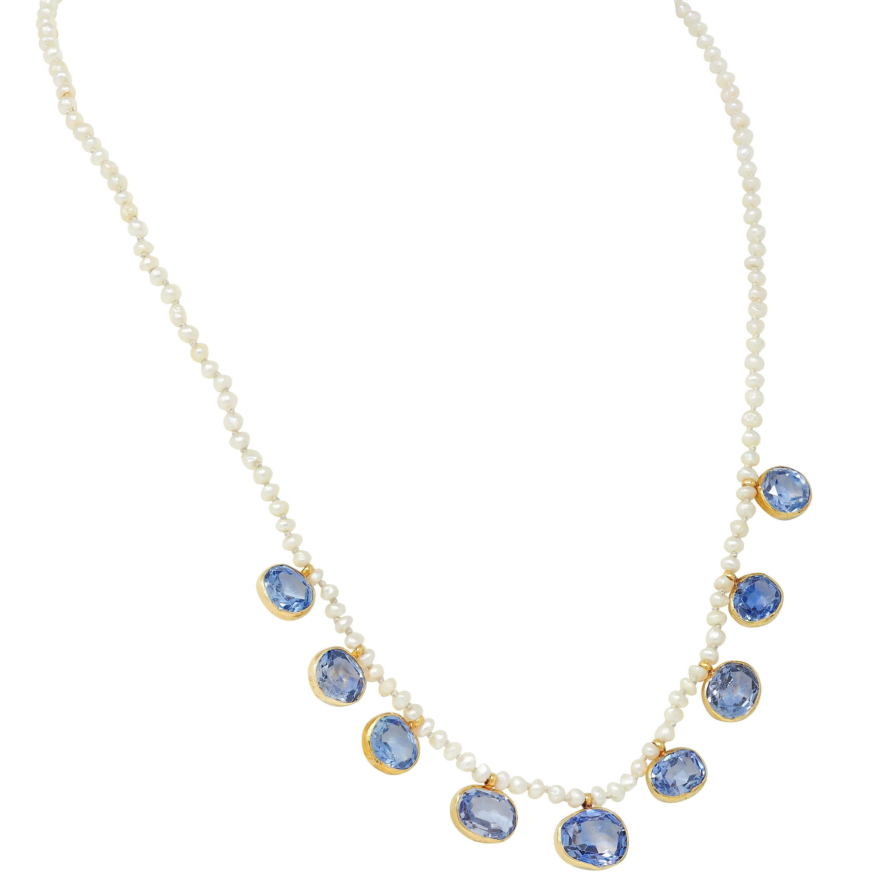 Antique 19.09 CTW Sapphire Seed Pearl 20K Yellow Gold Beaded Fringe Necklace