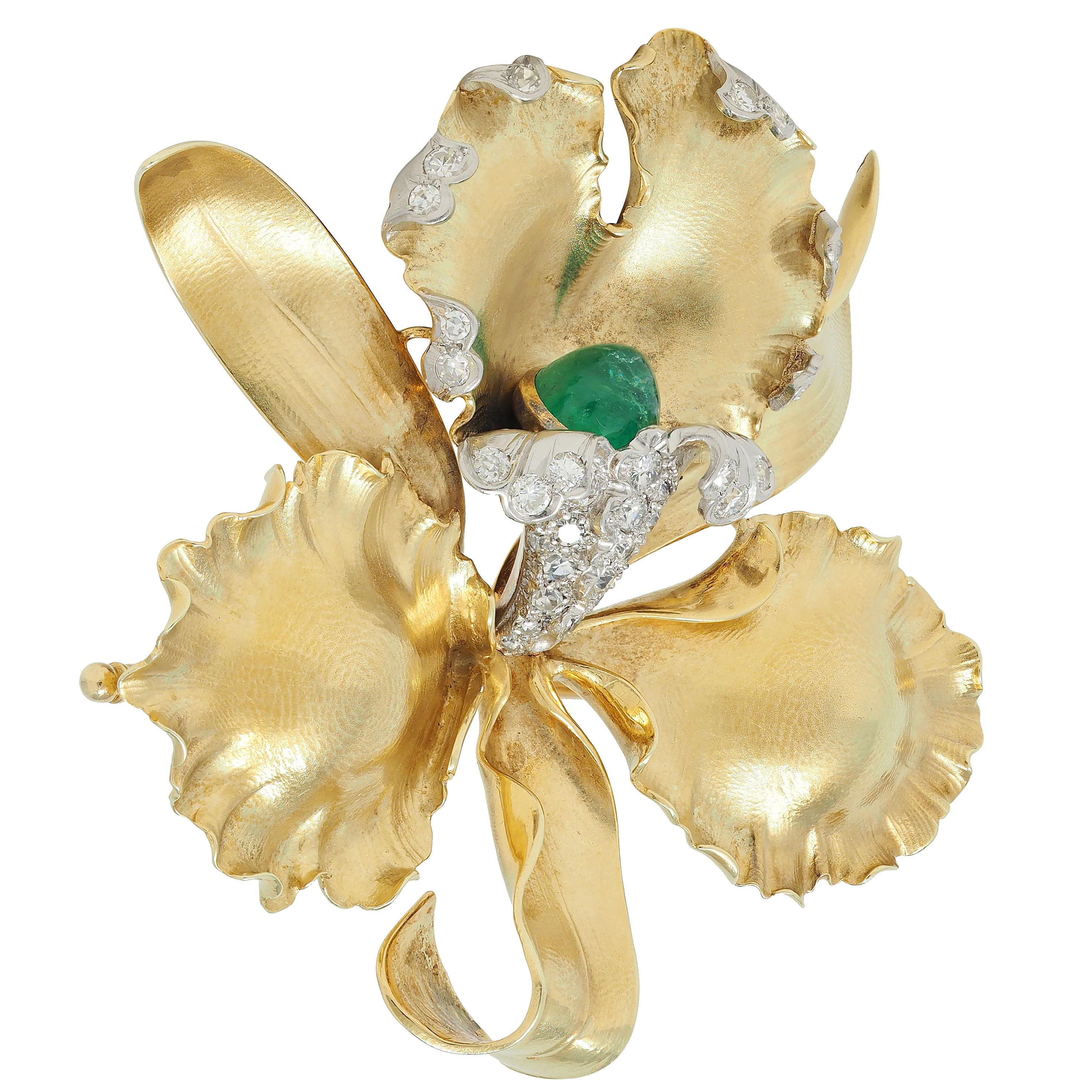 Mid-Century 3.35 CTW Diamond Emerald Platinum 14K Gold Vintage Orchid Brooch