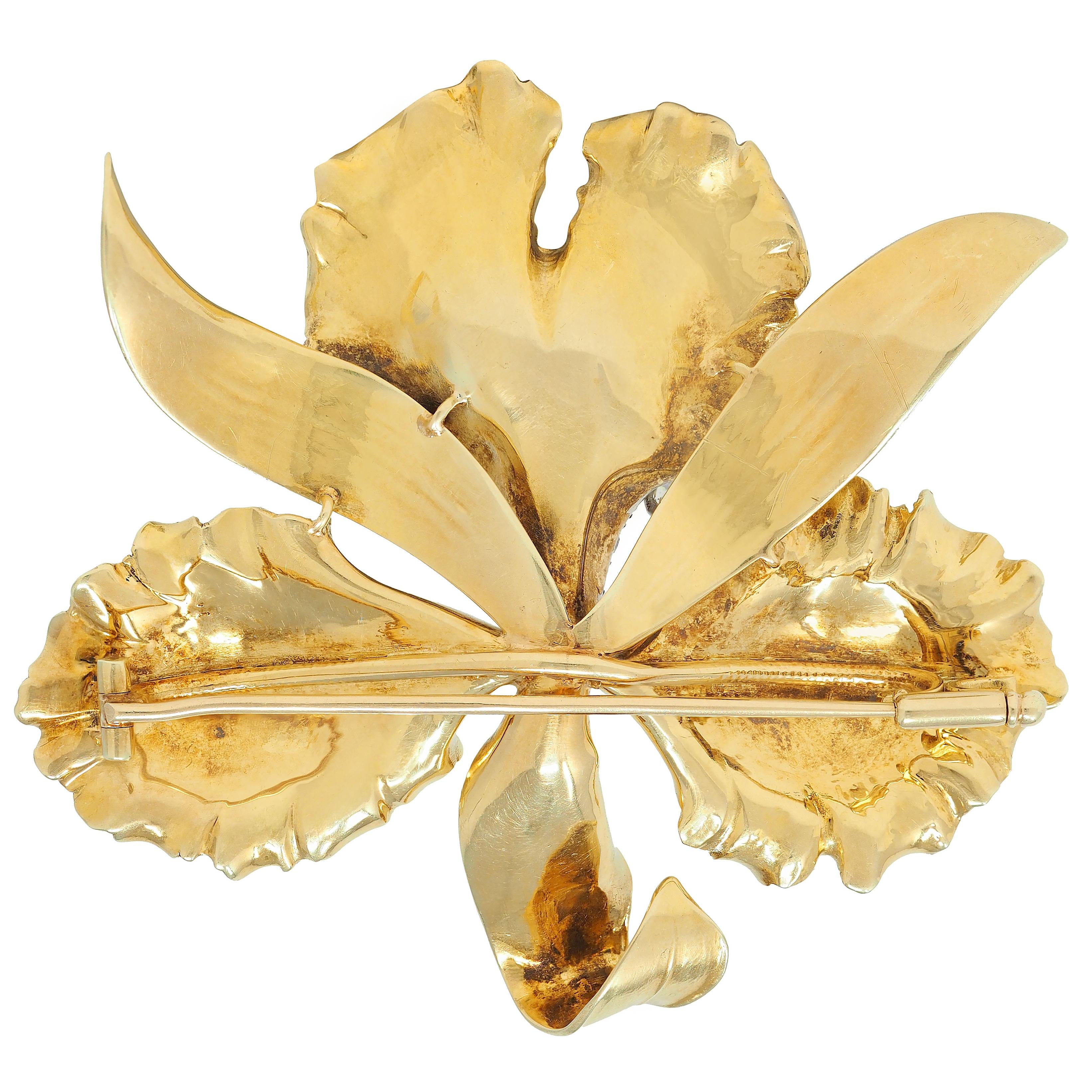 Mid-Century 3.35 CTW Diamond Emerald Platinum 14K Gold Vintage Orchid Brooch