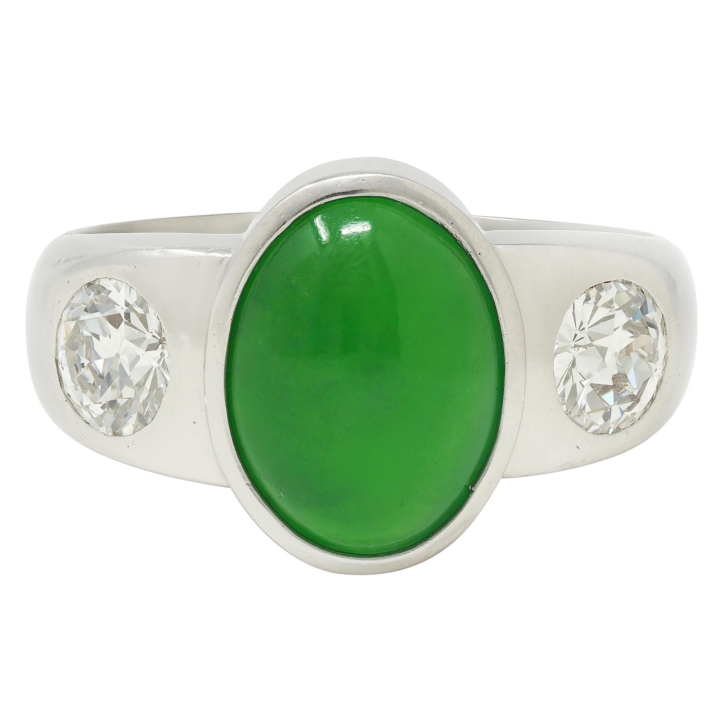 Contemporary Jade Diamond Platinum Three Stone Unisex Men's Bezel Ring