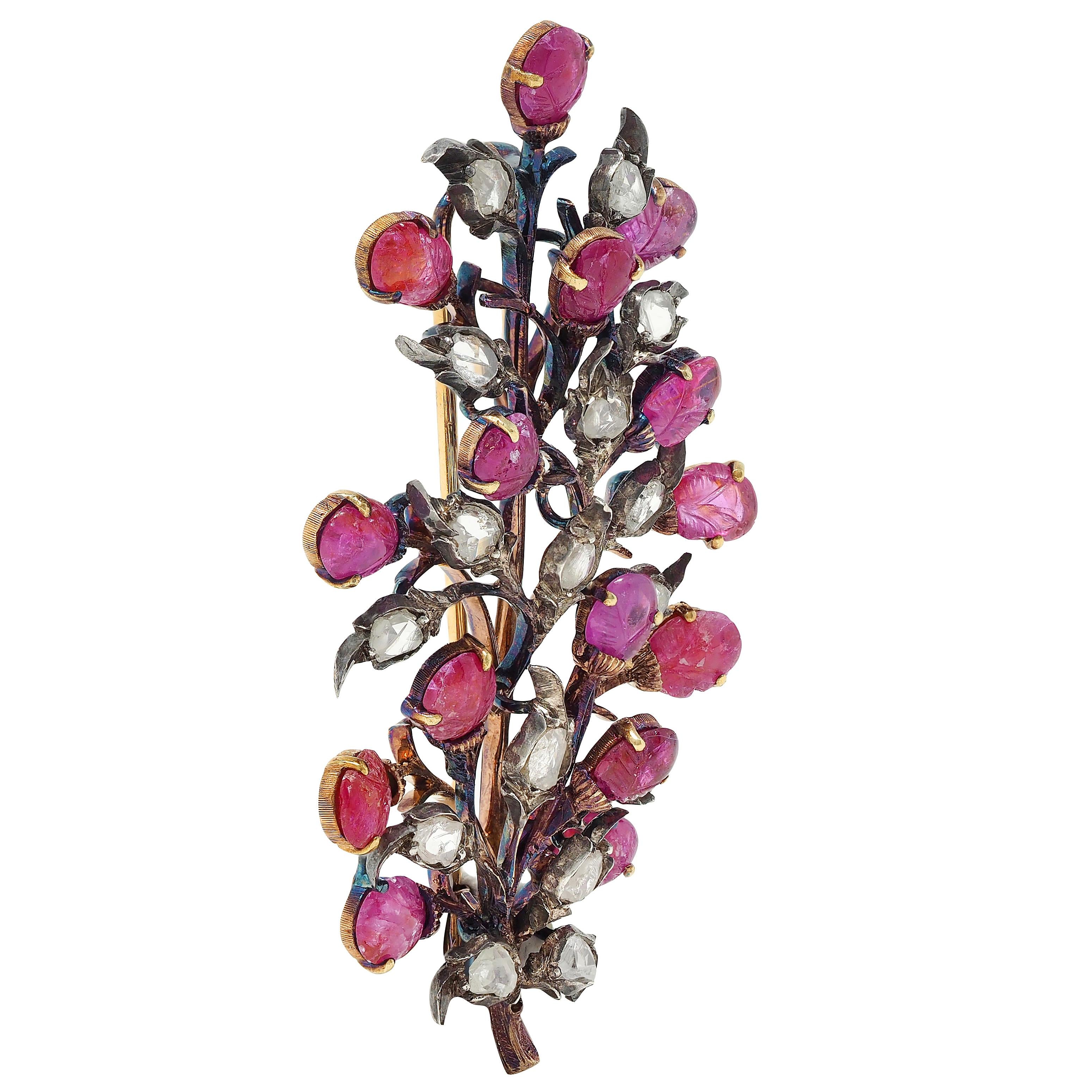Buccellati Mid-Century Ruby Diamond 18K Gold Silver Vintage Foliate Brooch