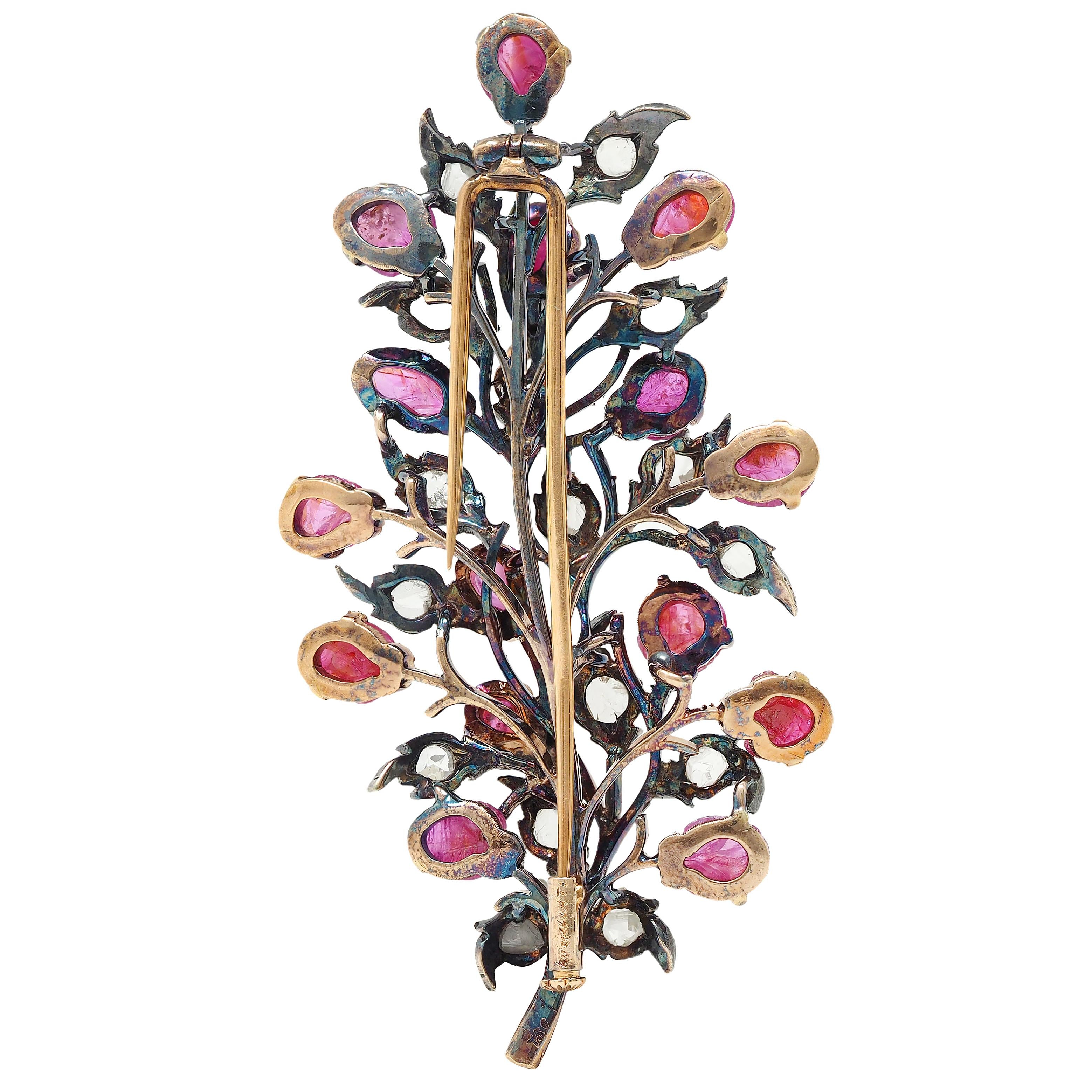 Buccellati Mid-Century Ruby Diamond 18K Gold Silver Vintage Foliate Brooch