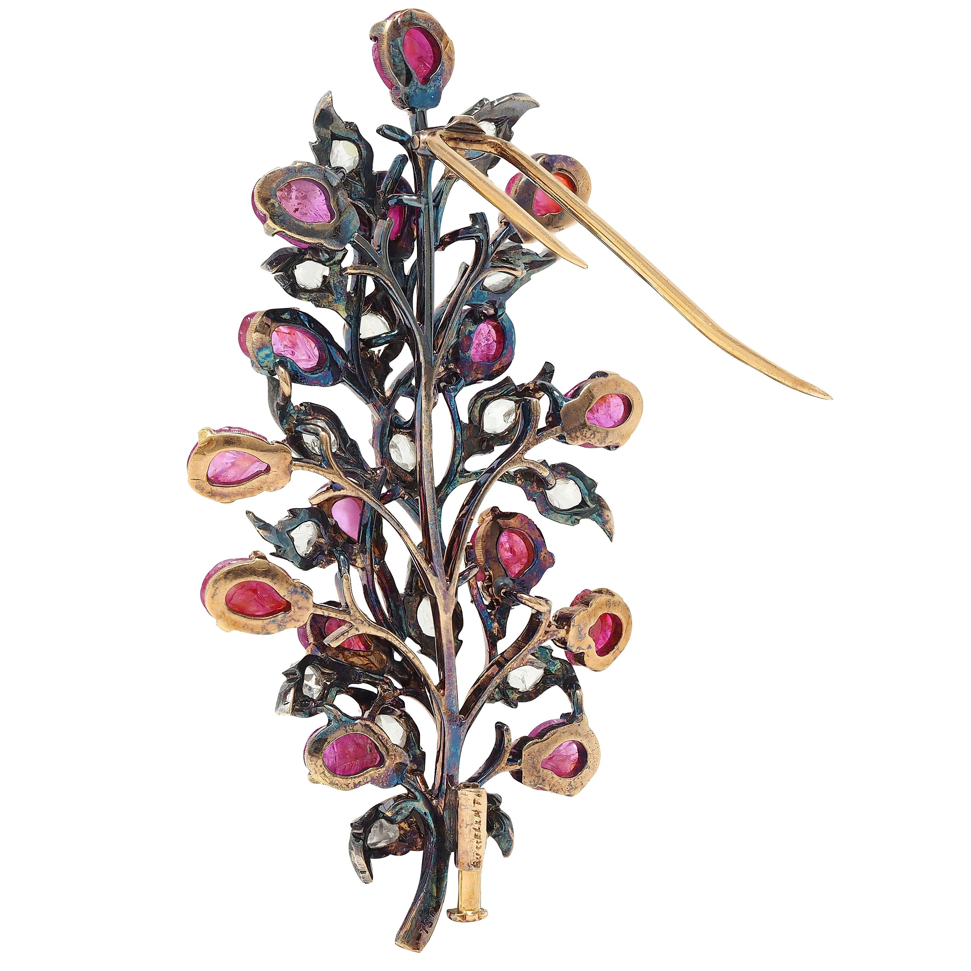 Buccellati Mid-Century Ruby Diamond 18K Gold Silver Vintage Foliate Brooch