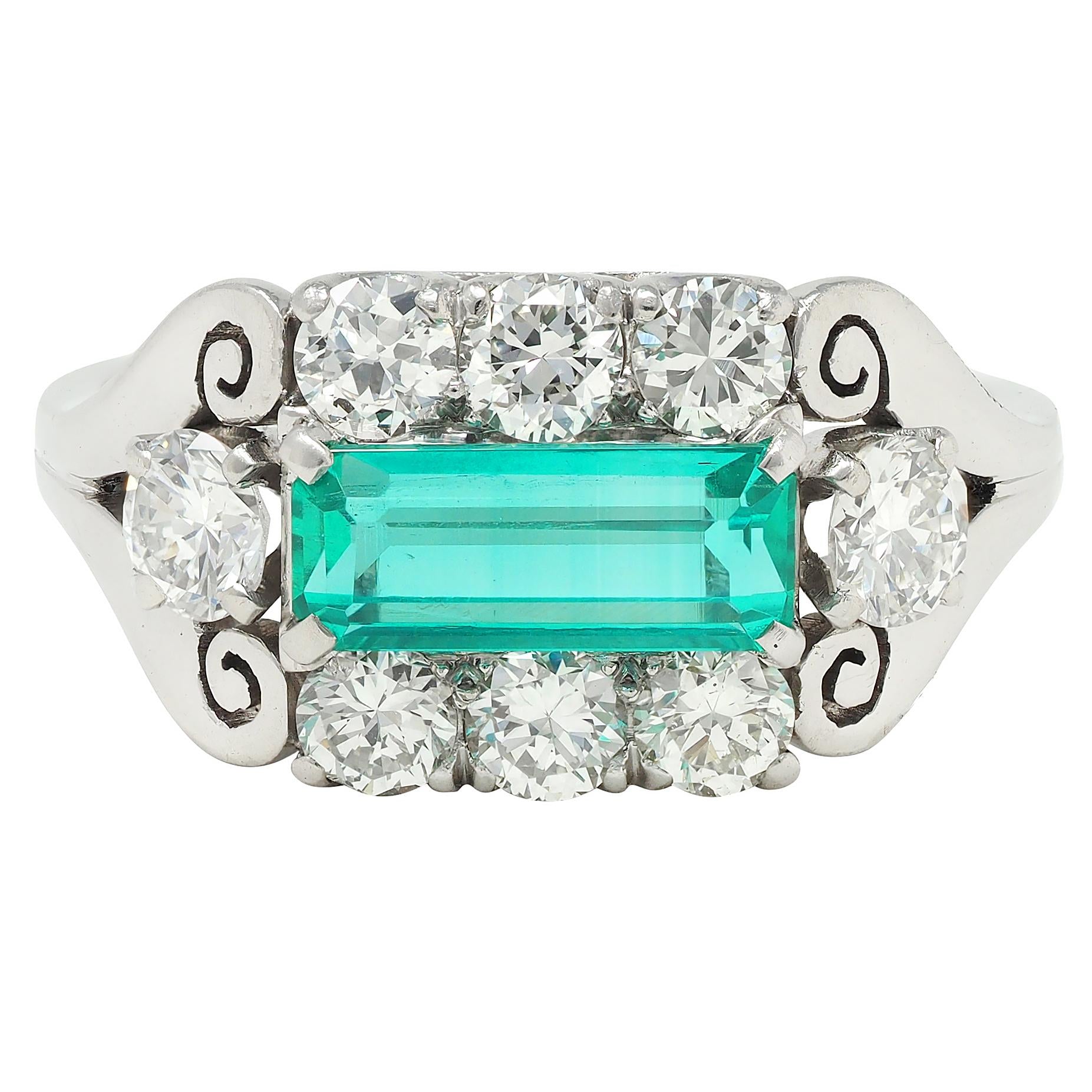 Mid-Century 2.14 Emerald Diamond Platinum Vintage Scroll Ring