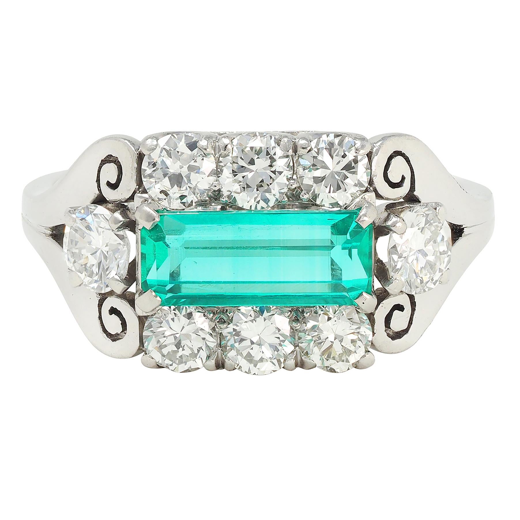 Mid-Century 2.14 Emerald Diamond Platinum Vintage Scroll Ring
