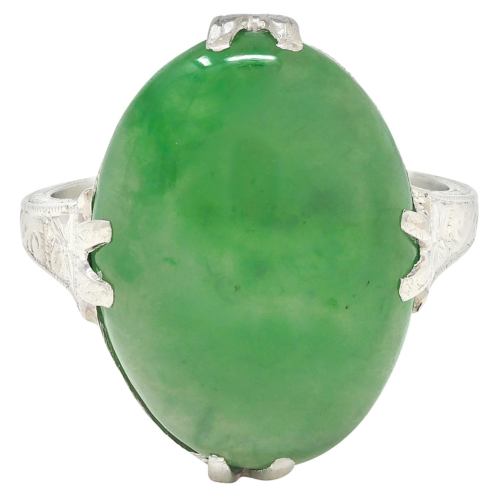 Art Deco Jade Cabochon Platinum Vintage Orange Blossom Gemstone Ring