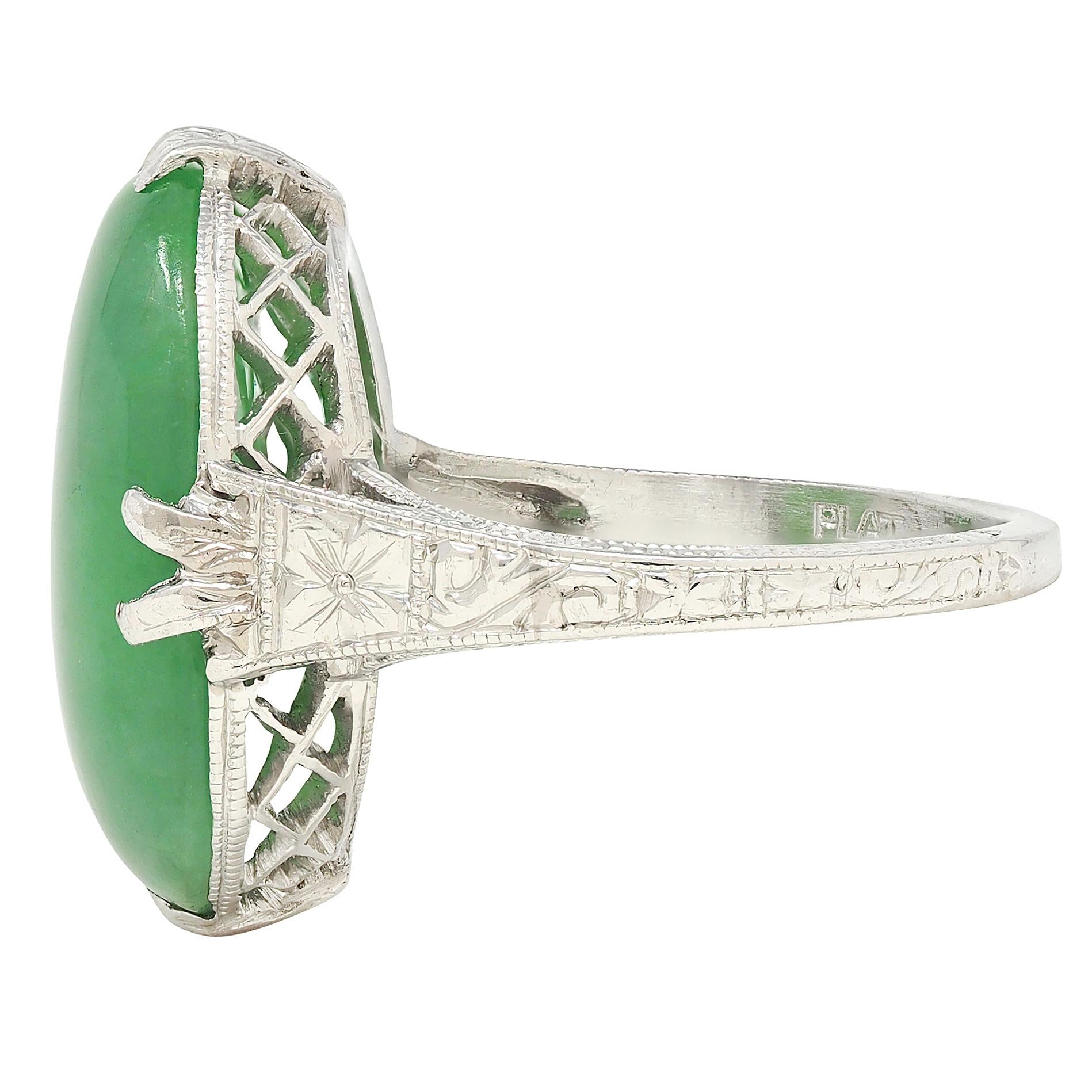 Art Deco Jade Cabochon Platinum Vintage Orange Blossom Gemstone Ring