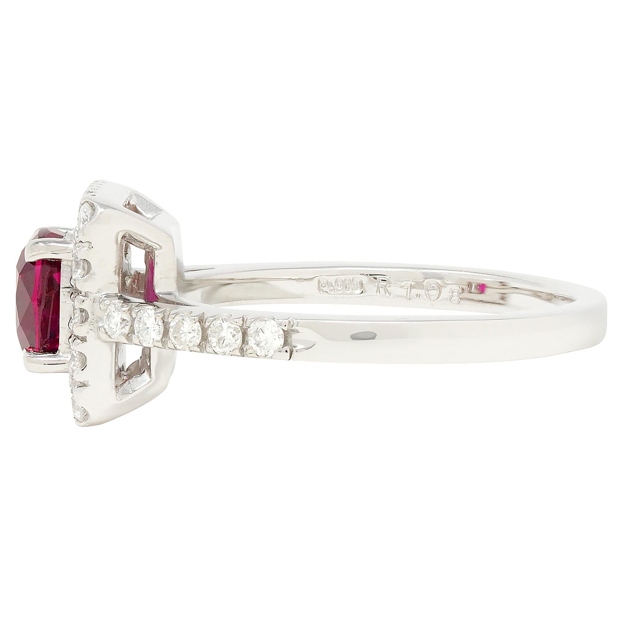 Contemporary 1.47 CTW Cushion Cut Ruby Diamond Platinum Square Halo Ring