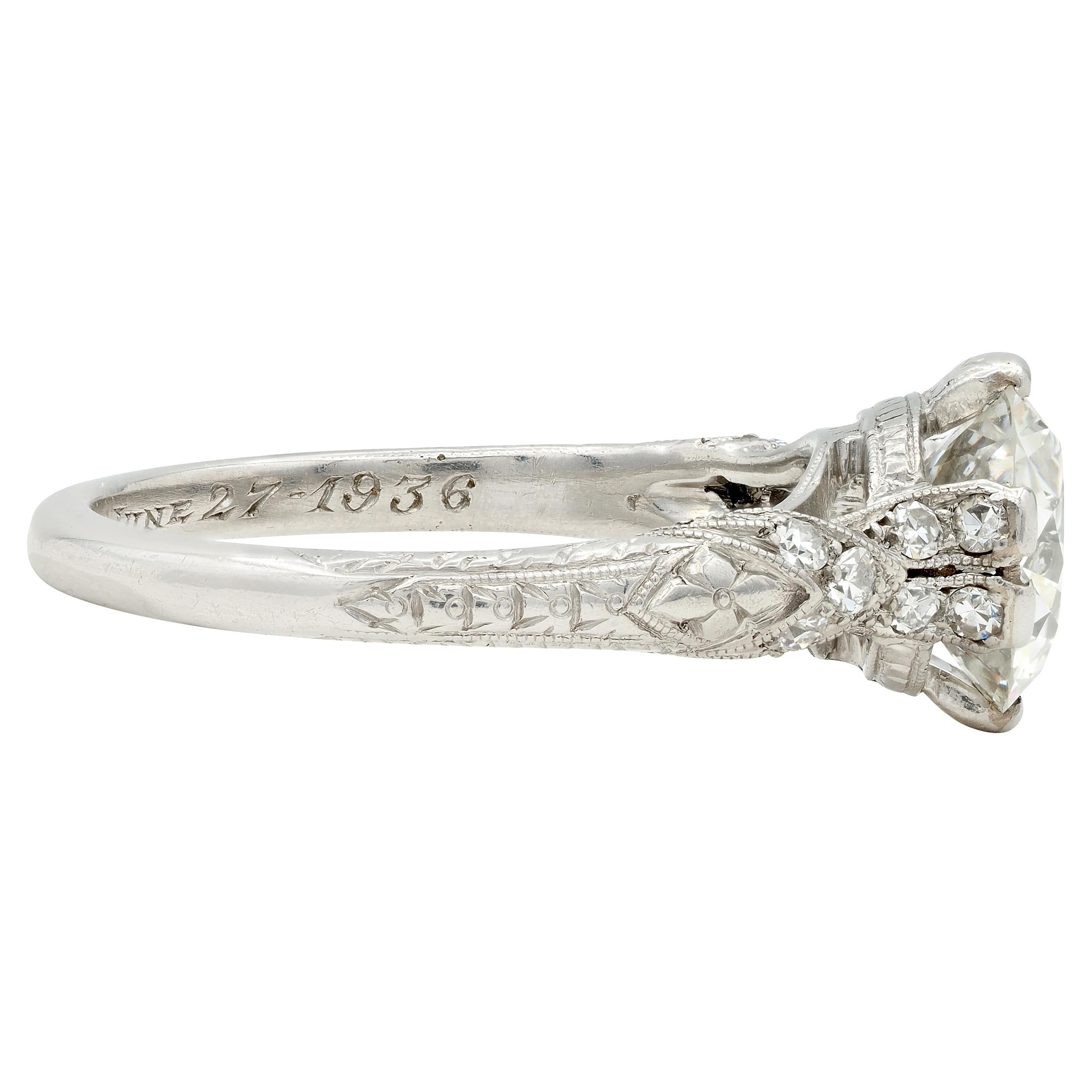 Art Deco 1936 1.90 Old European Cut Diamond Platinum Vintage Engagement Ring