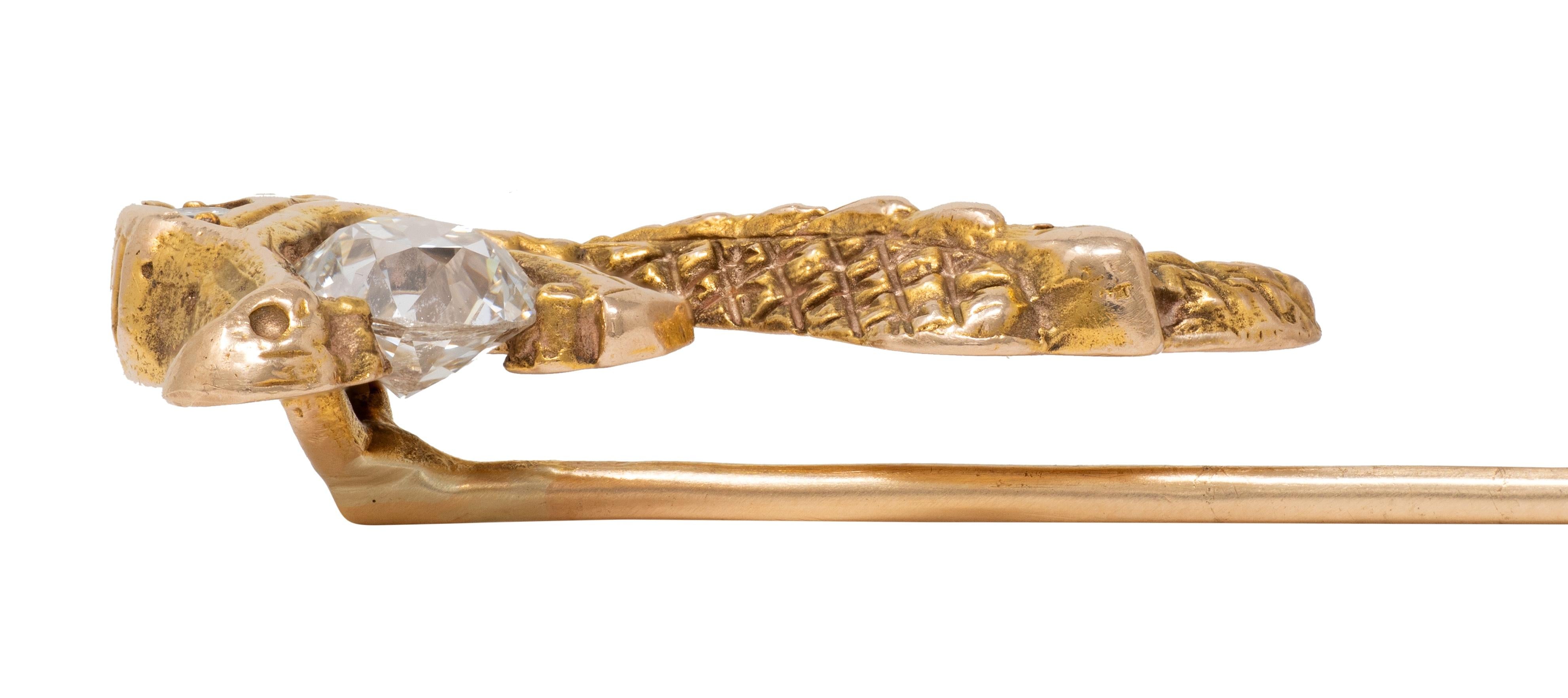Art Nouveau Diamond 14 Karat Yellow Gold Antique Dragon Serpent Stickpin