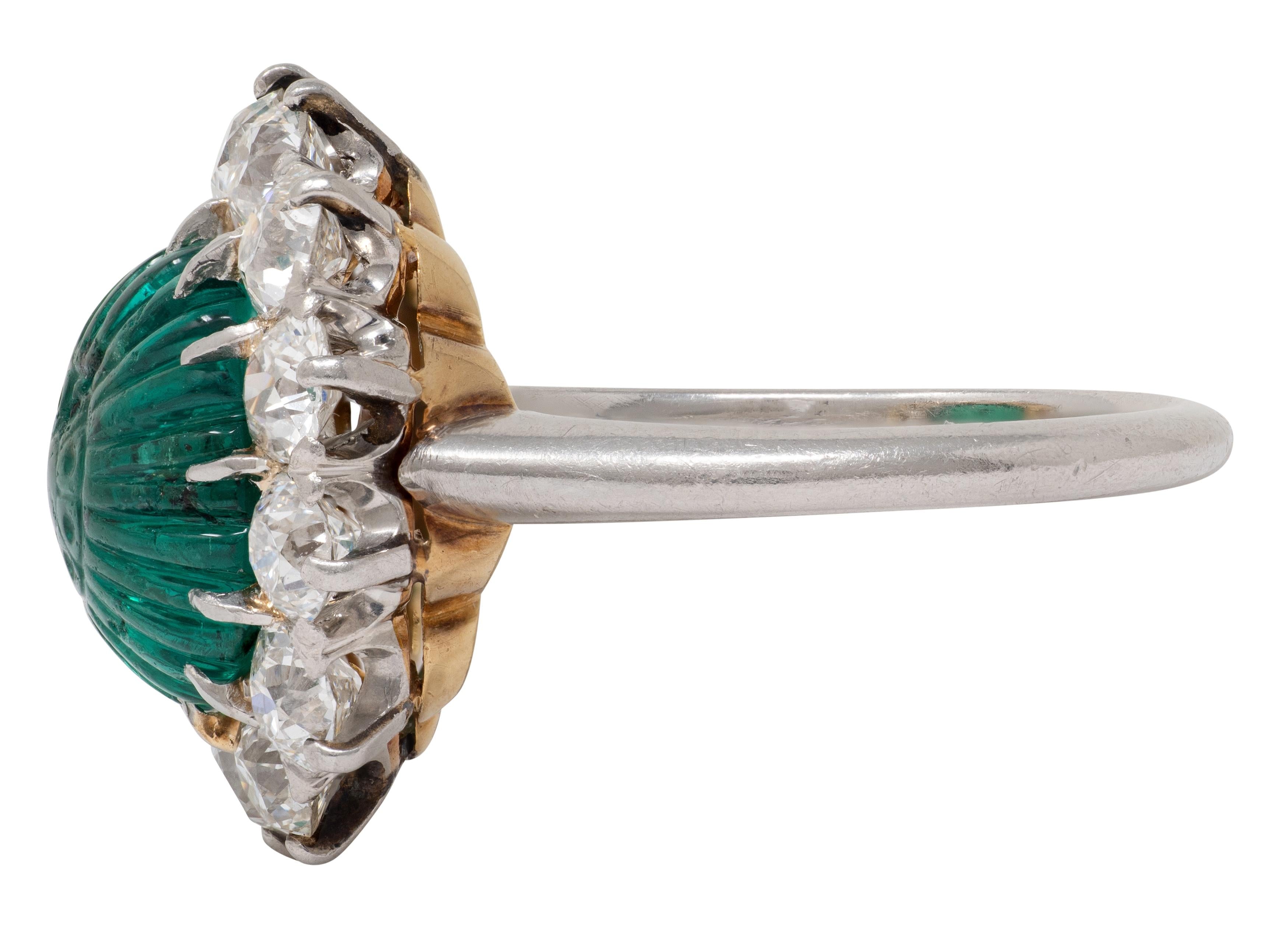 Art Deco Carved Mogul Emerald Diamond Platinum 18K Gold Antique Halo Ring