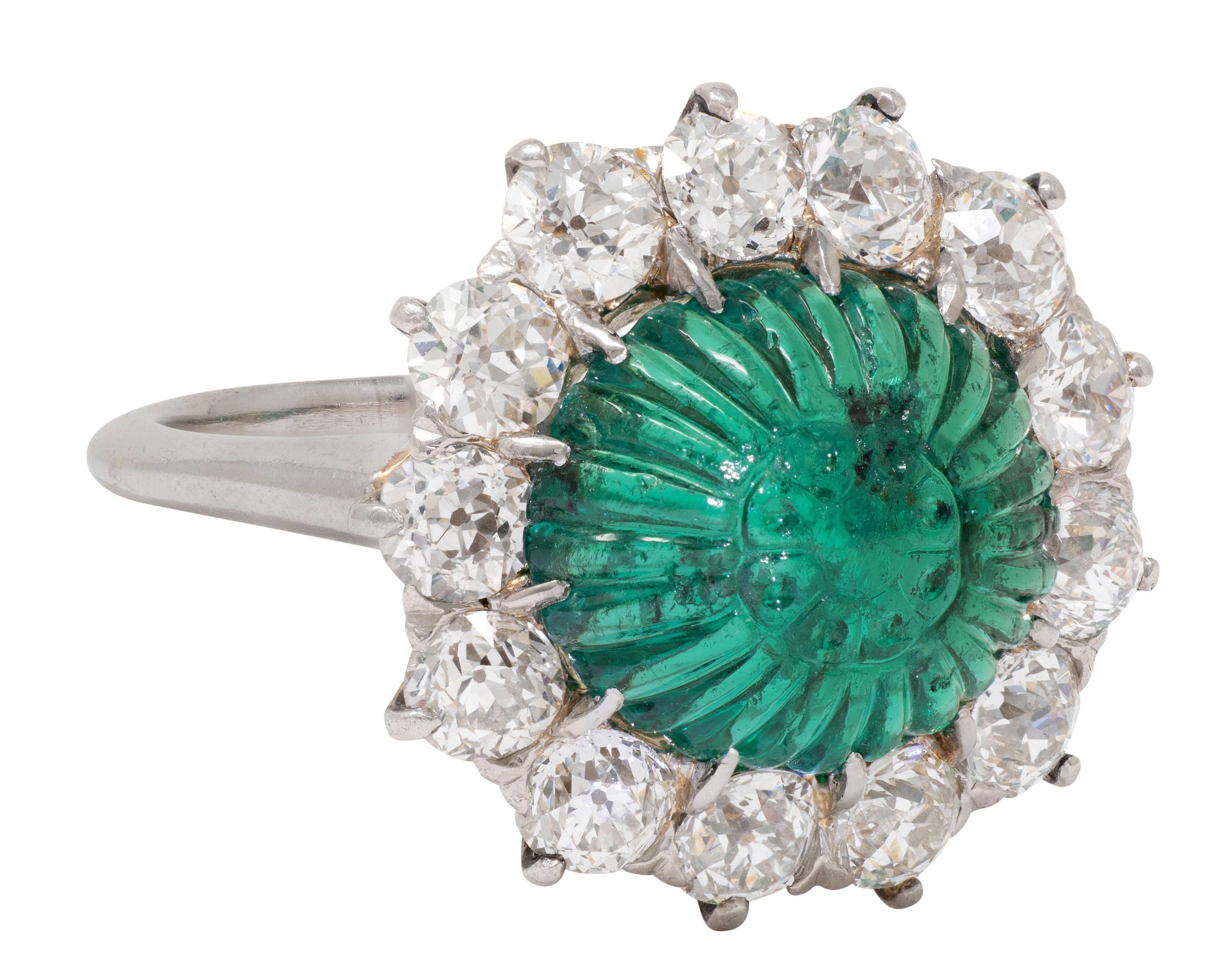 Art Deco Carved Mogul Emerald Diamond Platinum 18K Gold Antique Halo Ring