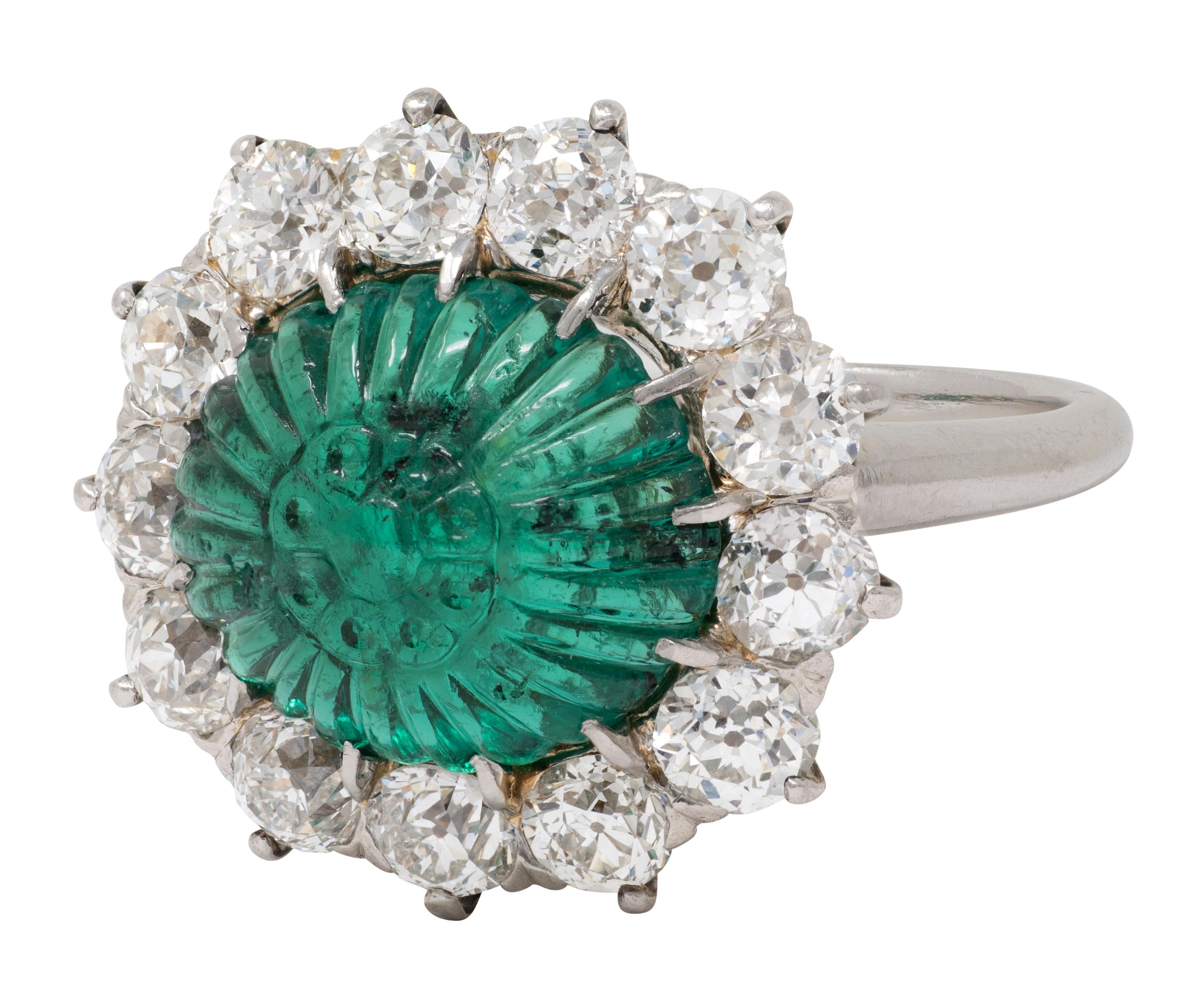 Art Deco Carved Mogul Emerald Diamond Platinum 18K Gold Antique Halo Ring