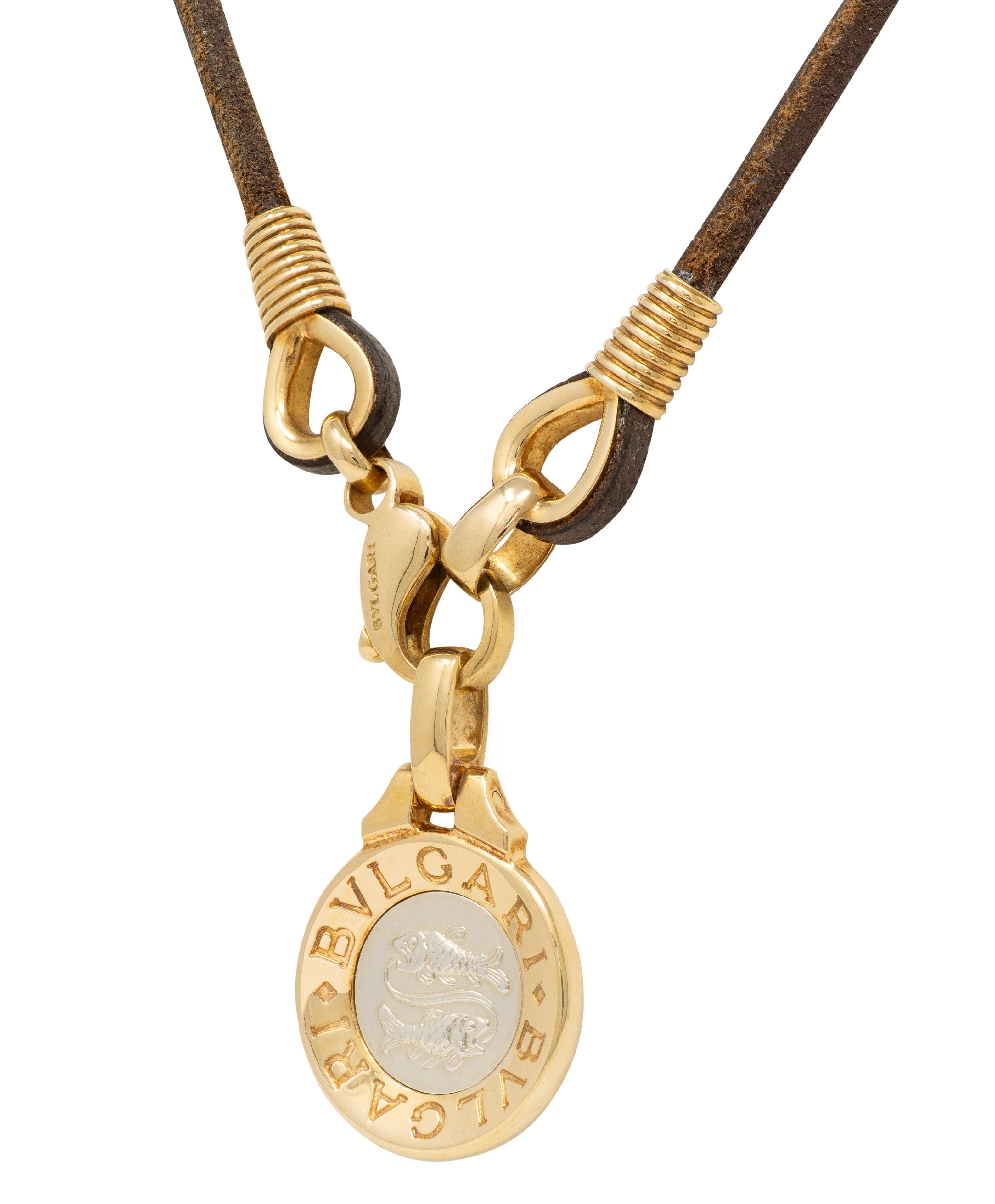 Bulgari 18K Yellow White Gold Pisces Zodiac Vintage Leather Pendant Necklace