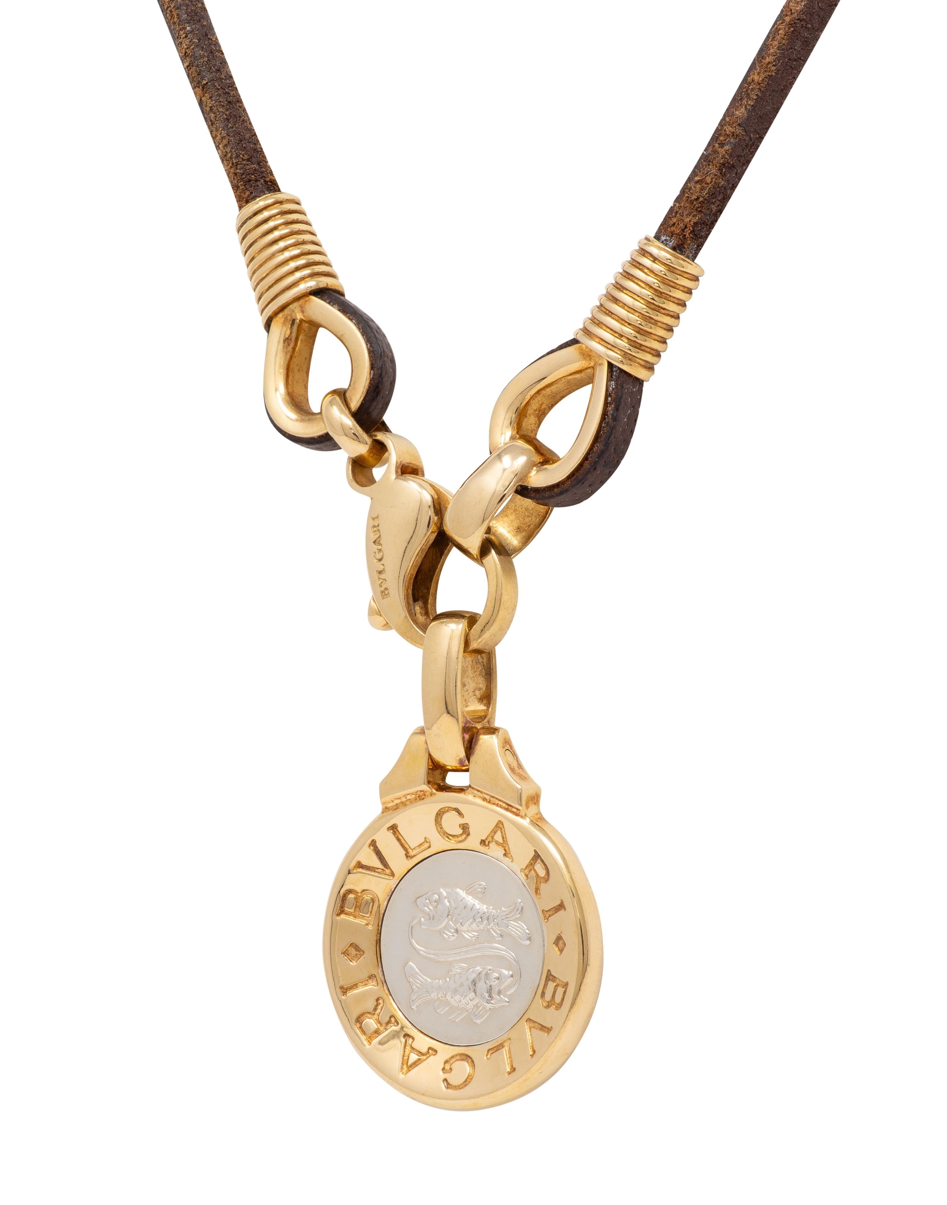 Bulgari 18K Yellow White Gold Pisces Zodiac Vintage Leather Pendant Necklace