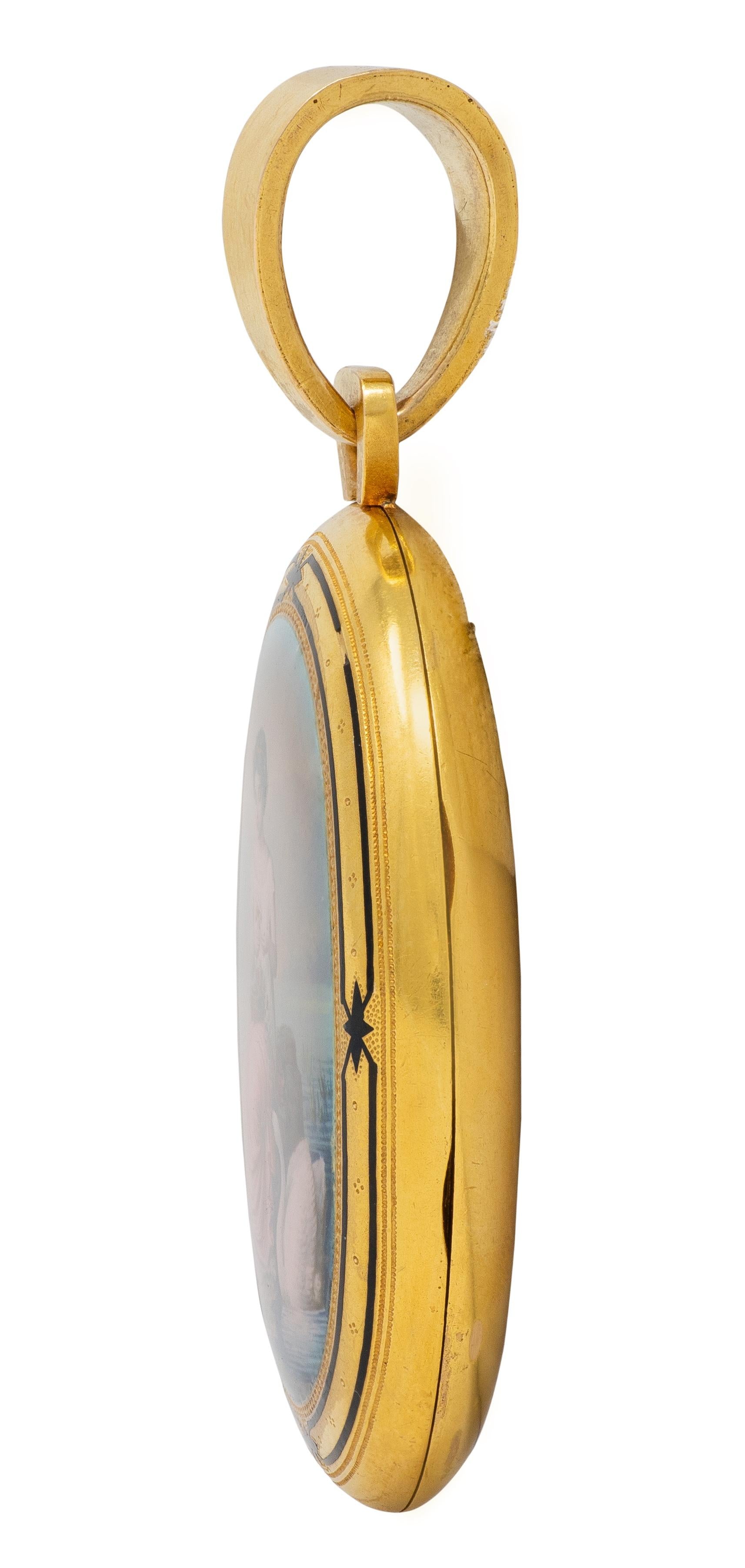 Victorian 1871 Painted Enamel 18 Karat Yellow Gold Antique Locket Pendant