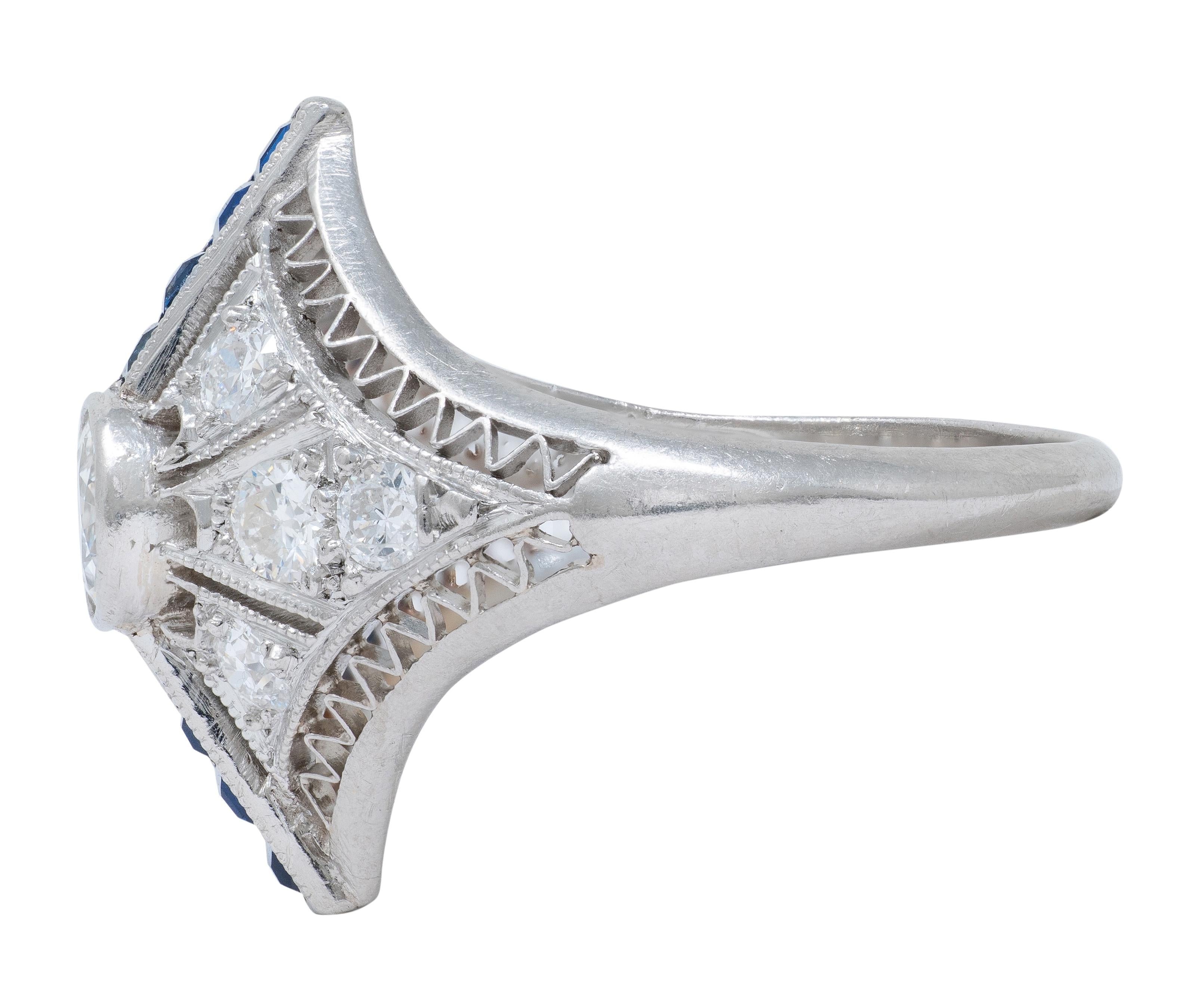 Art Deco 0.94 CTW Sapphire Diamond Platinum Vintage Zig-Zag Navette Dinner Ring
