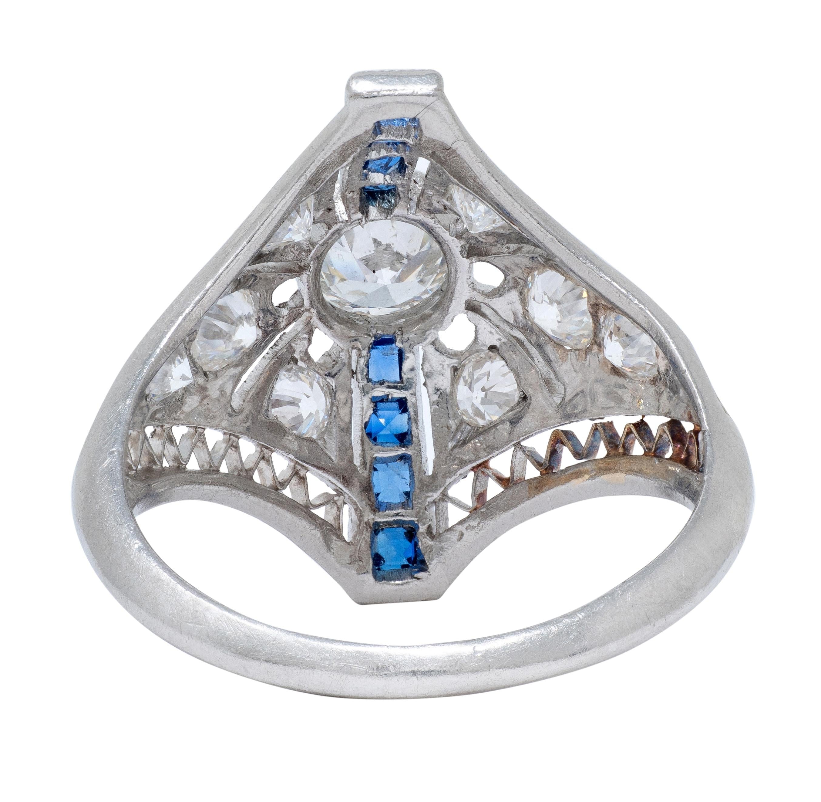 Art Deco 0.94 CTW Sapphire Diamond Platinum Vintage Zig-Zag Navette Dinner Ring