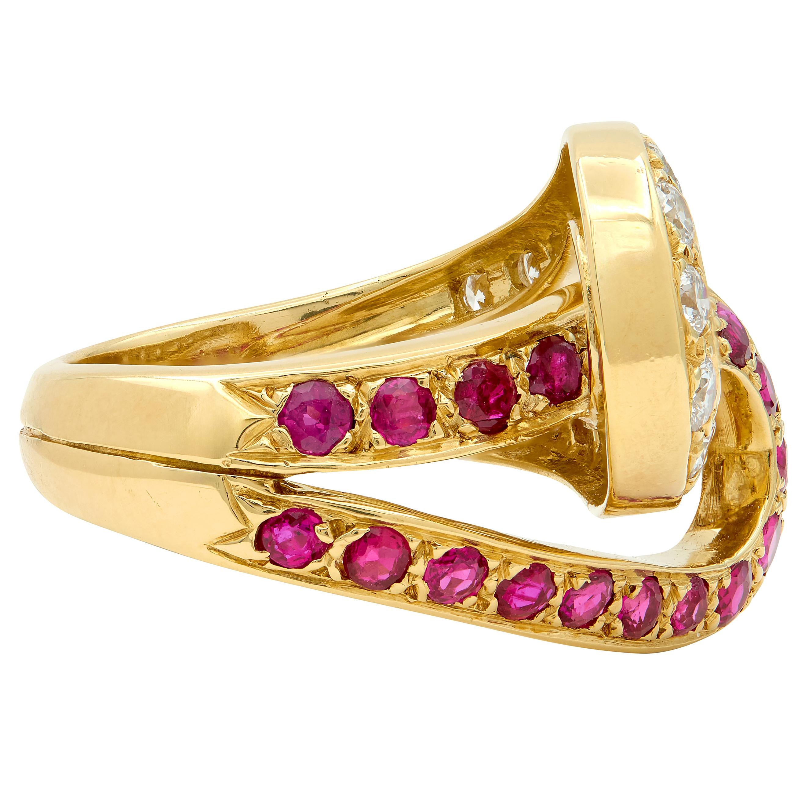 Mid-Century 1.35 CTW Ruby Diamond Platinum Vintage Double Horseshoe Ring