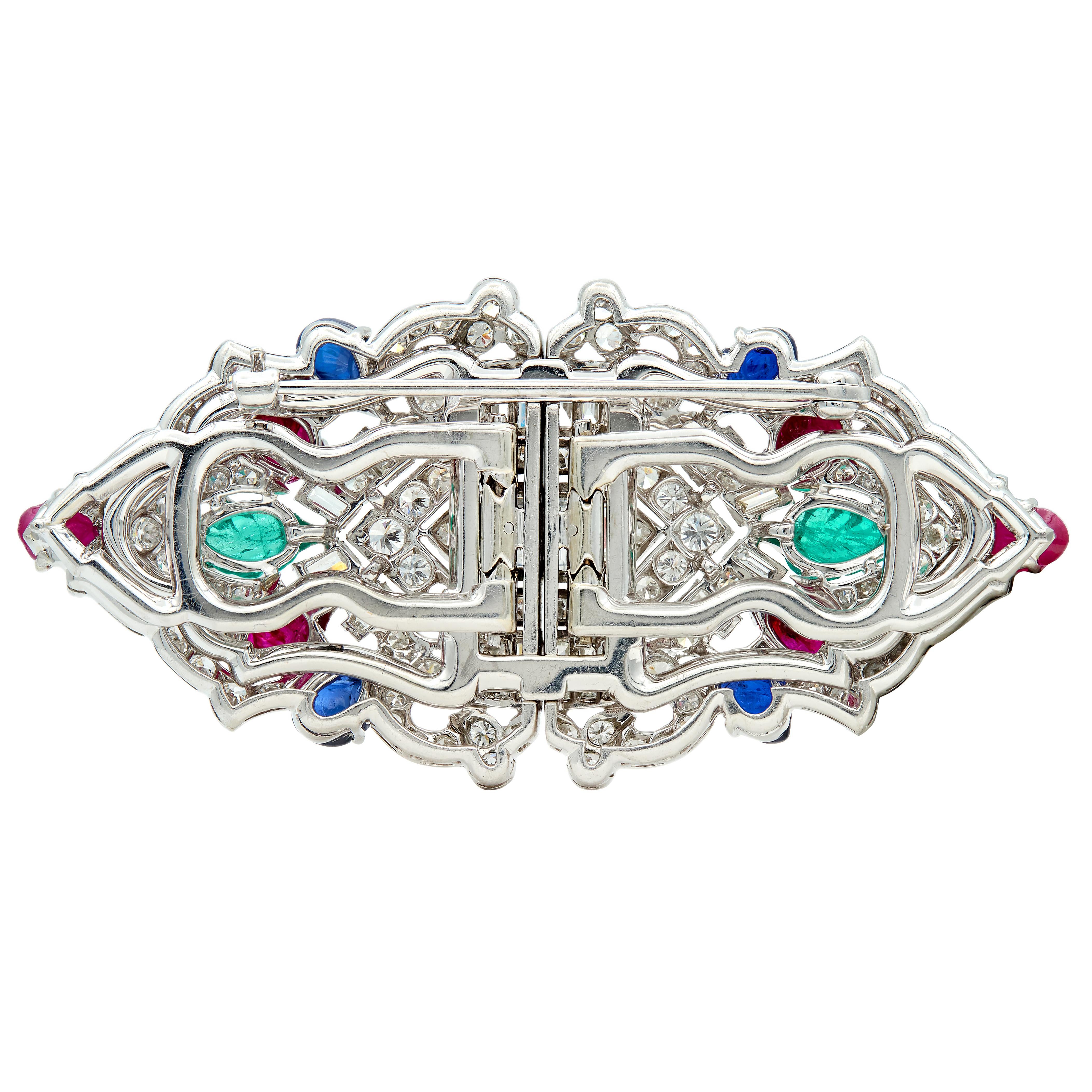 Art Deco Ruby Sapphire Diamond Platinum Vintage Tutti Frutti Brooch Clips