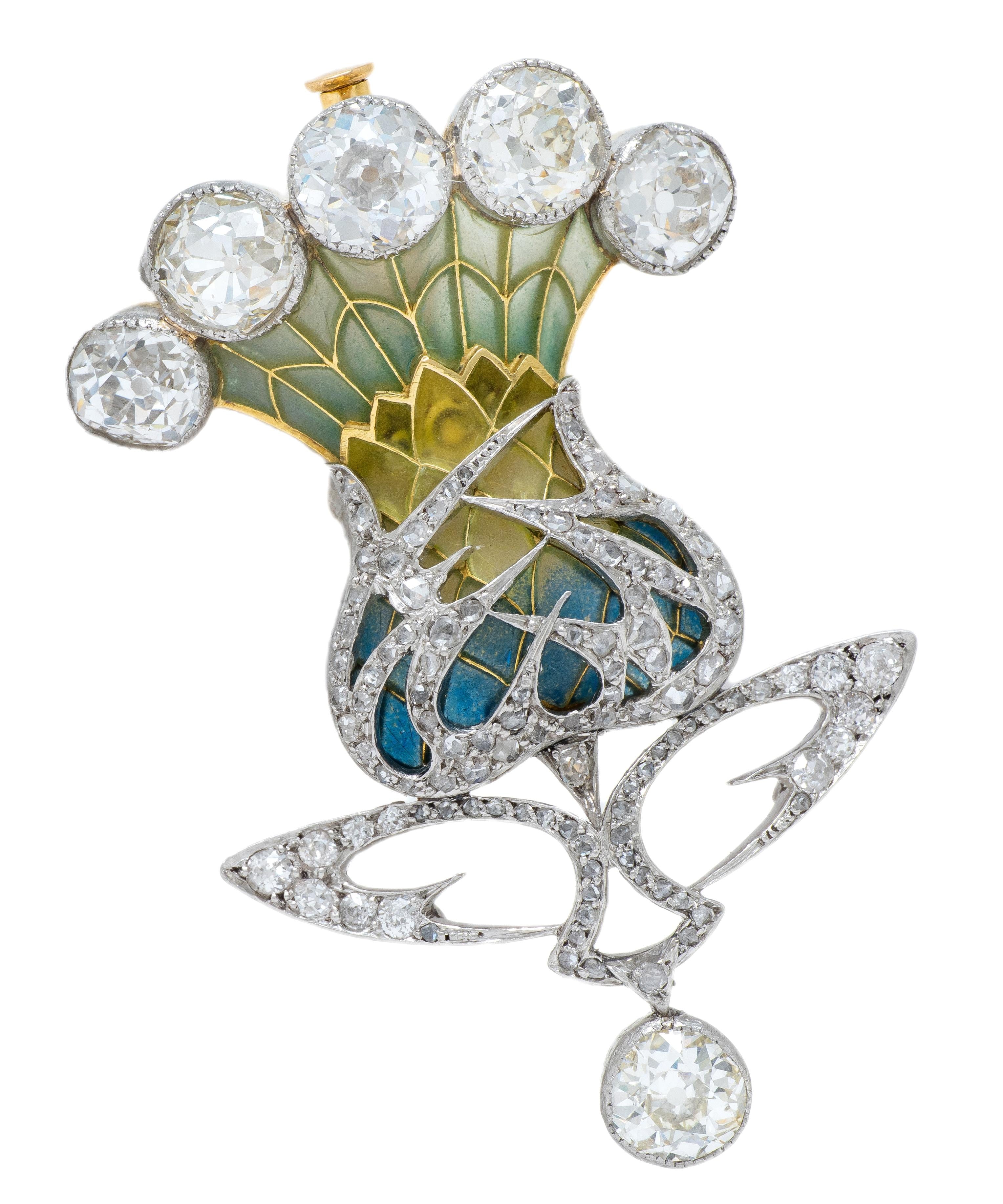 Art Nouveau Plique-a-Jour Enamel Diamond Platinum 18K Thistle Pendant Brooch