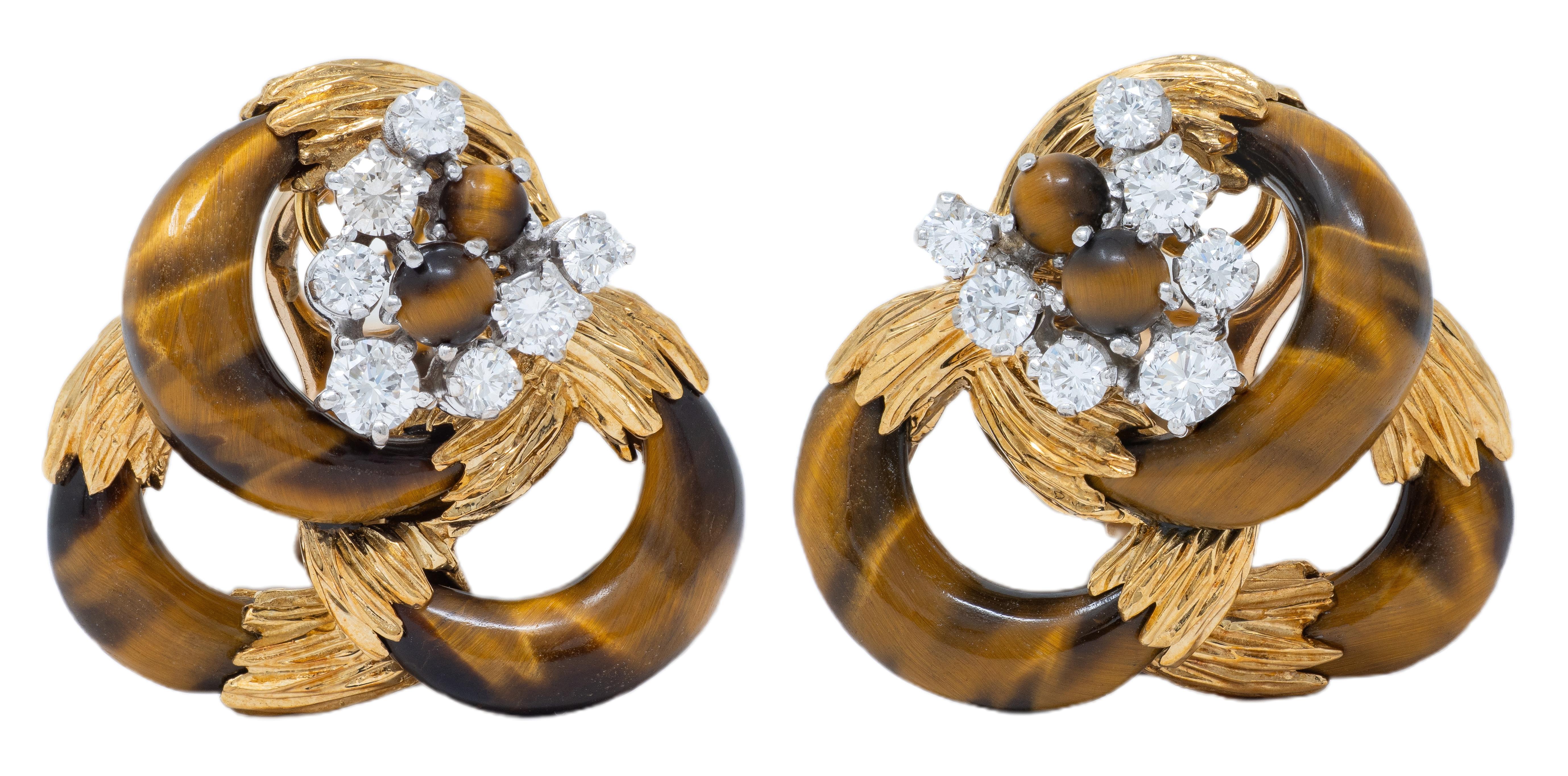 Kutchinsky 1974 Diamond Tiger's Eye 18K Gold Vintage Loop Ear-Clip Earrings