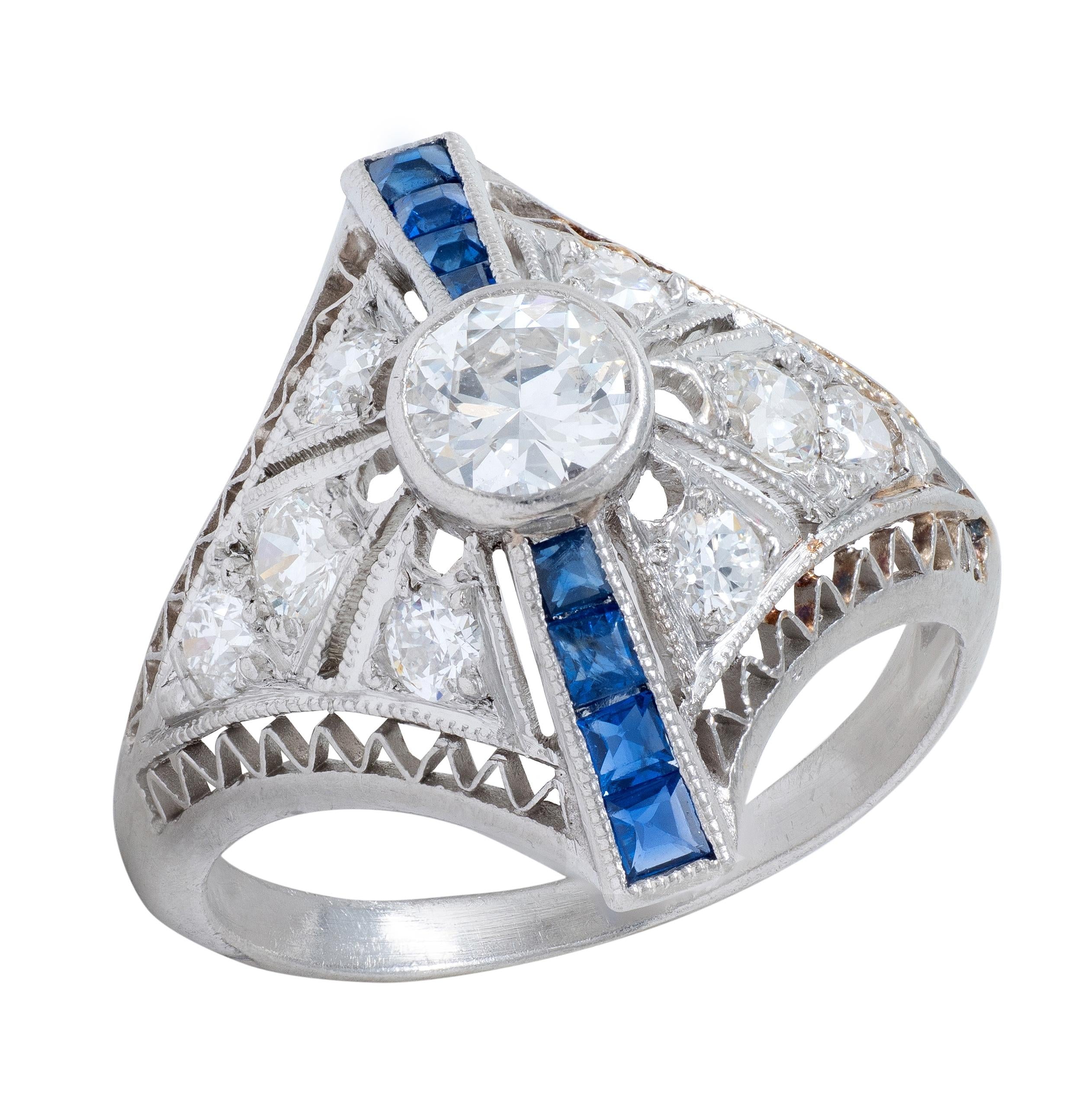 Art Deco 0.94 CTW Sapphire Diamond Platinum Vintage Zig-Zag Navette Dinner Ring
