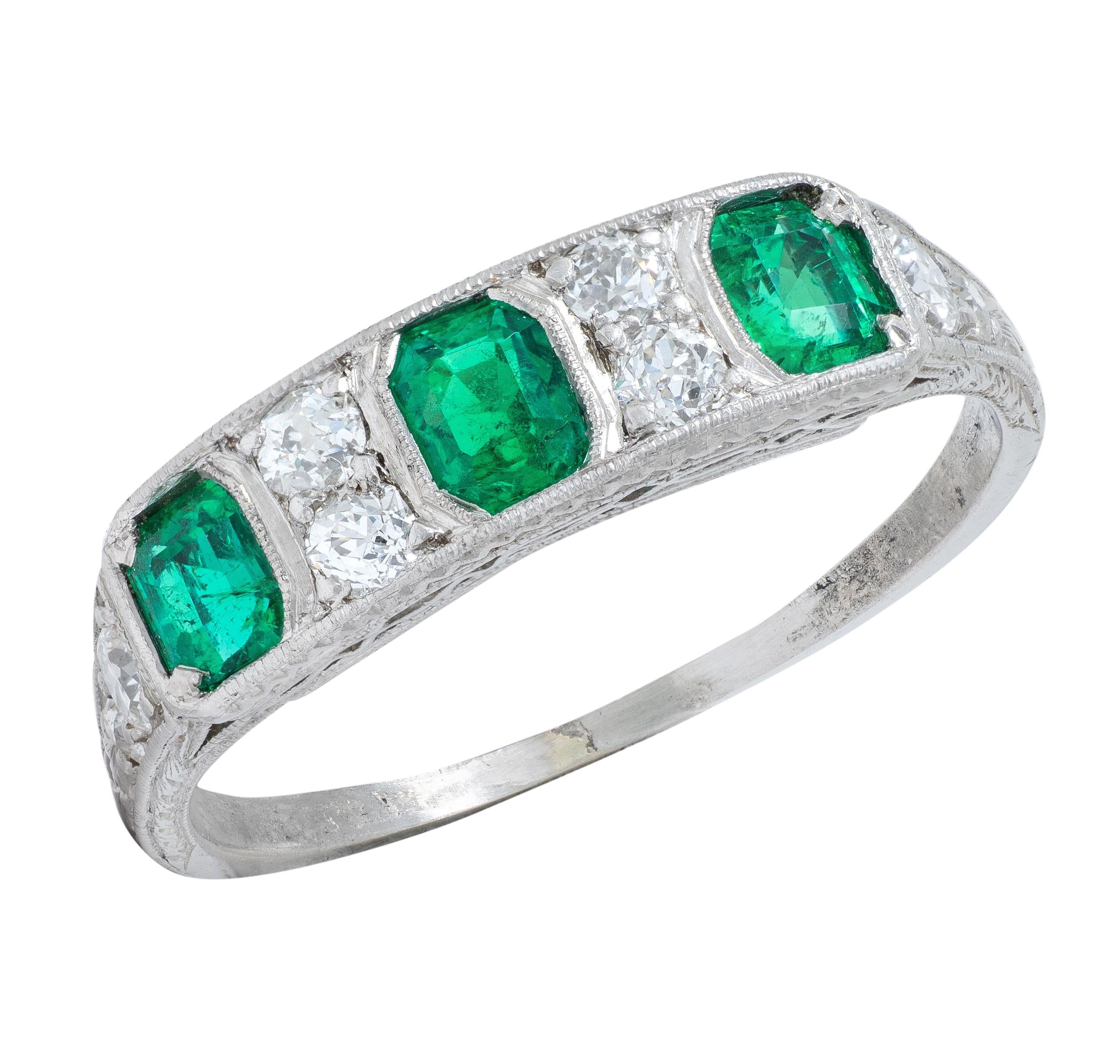 Art Deco 1.05 CTW Emerald Diamond Platinum Vintage Band Ring