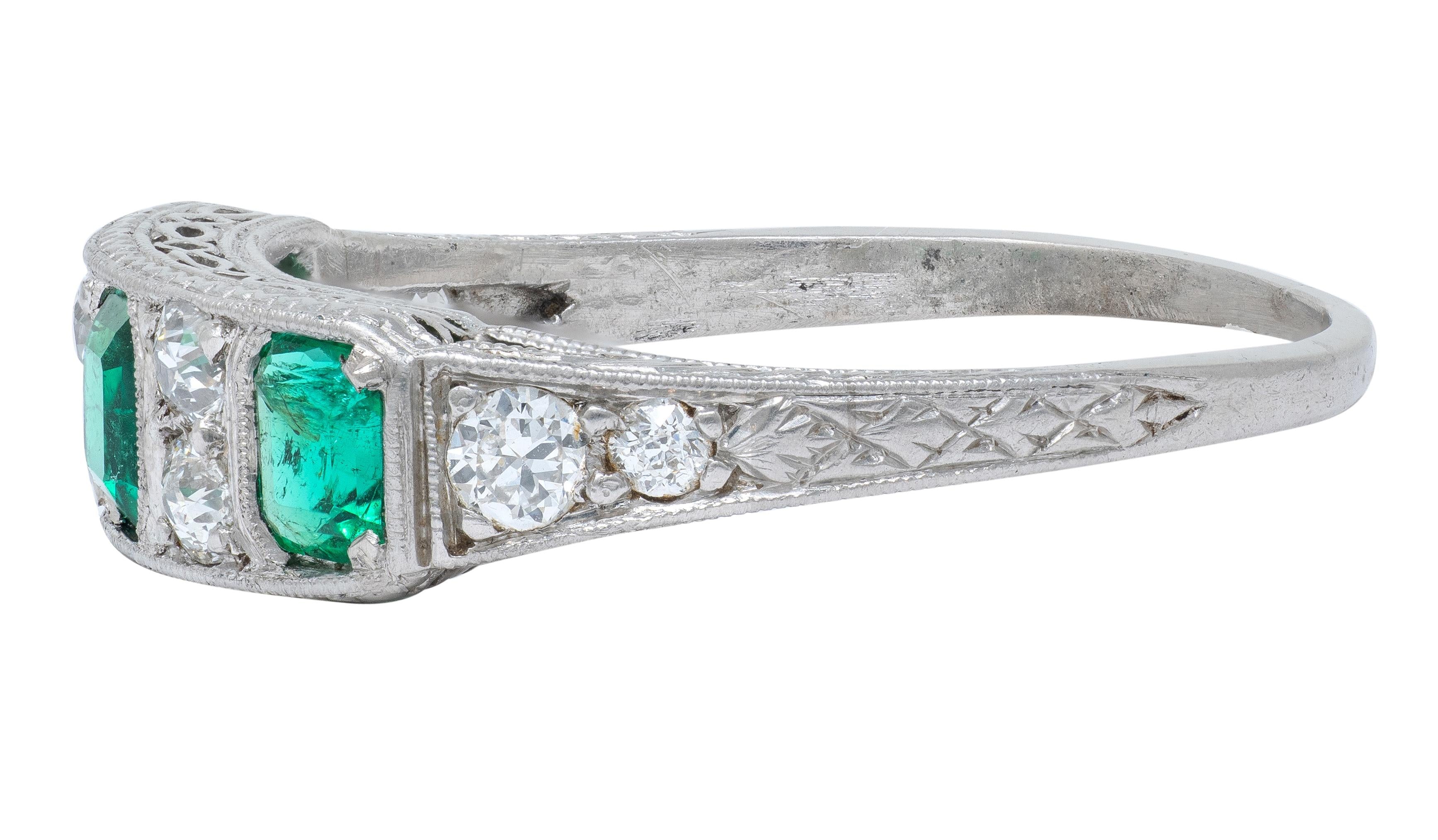 Art Deco 1.05 CTW Emerald Diamond Platinum Vintage Band Ring