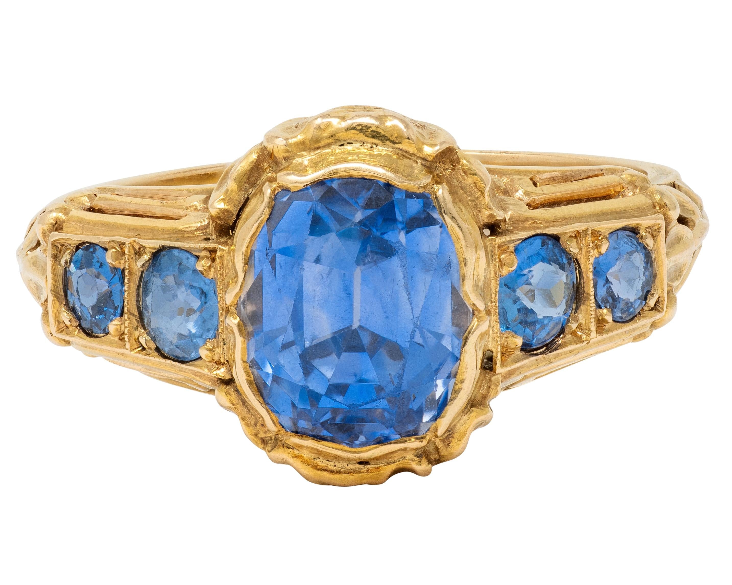 1905 Art Nouveau 3.54 CTW Sapphire 14 Karat Yellow Gold Antique Flower Ring